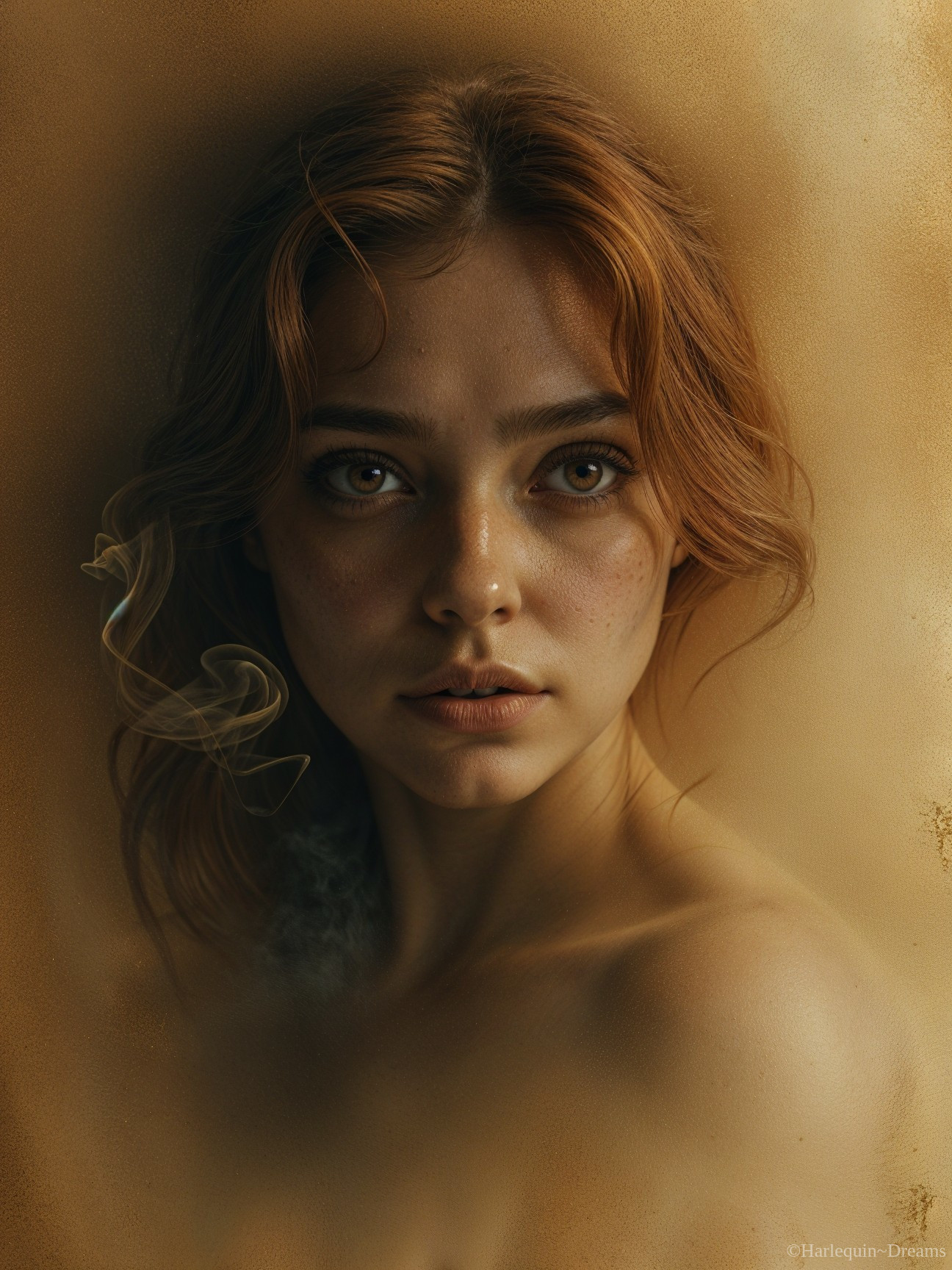 Portrait of a young woman with red hair and smoke