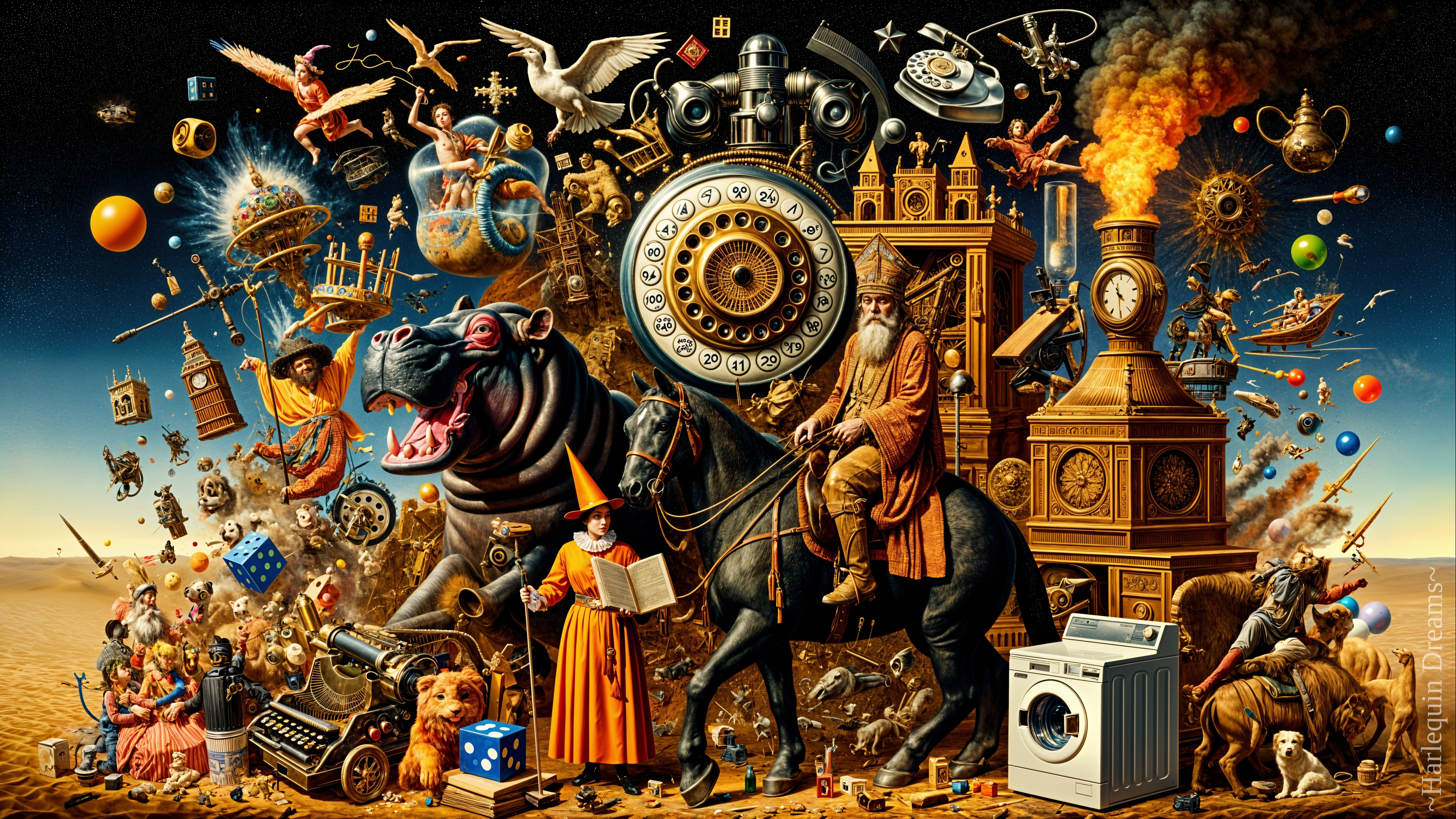 Surreal Collage of Fantastical Elements in Desert Setting