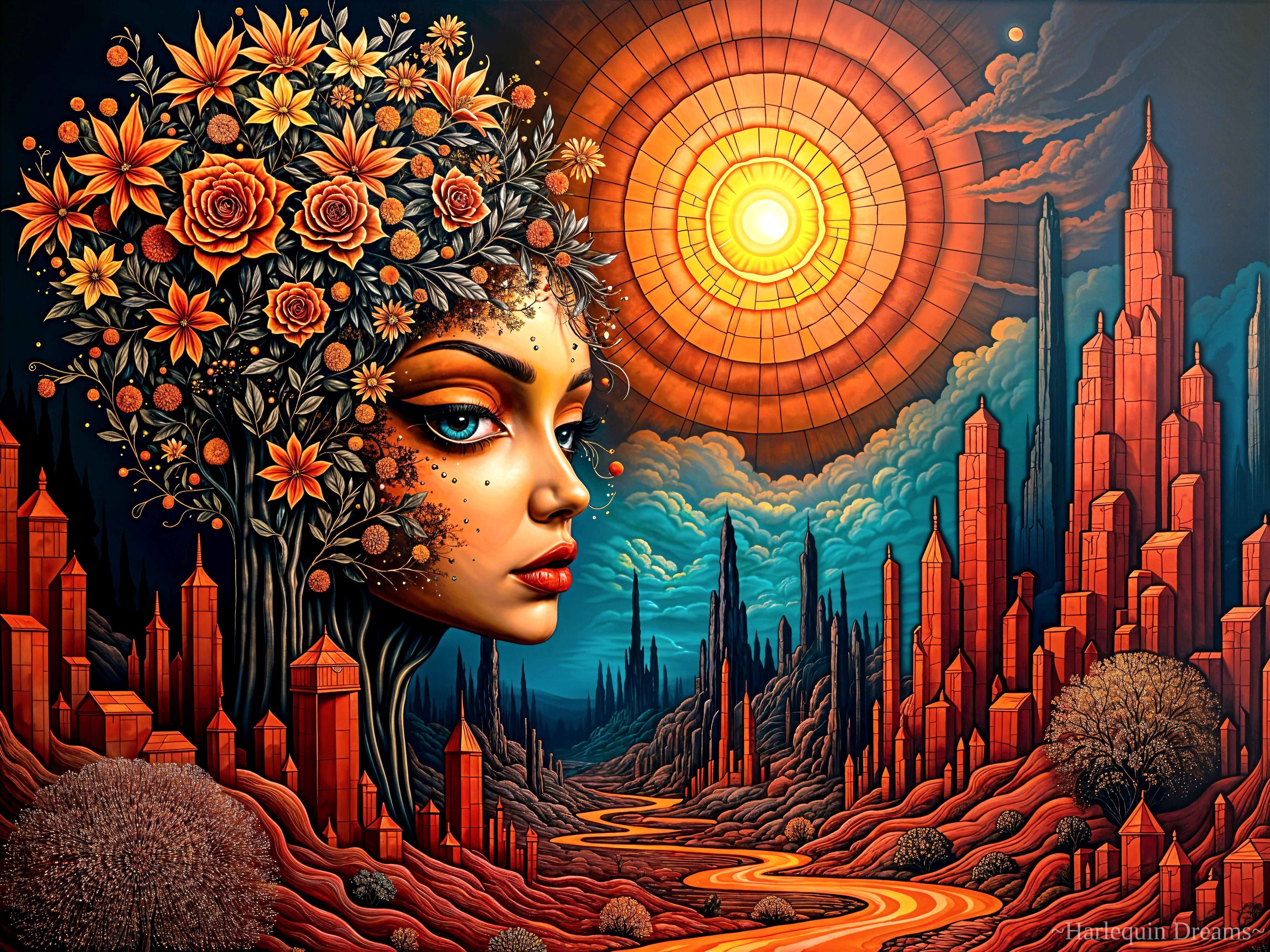 Woman's Face with Floral Crown in Surreal Landscape