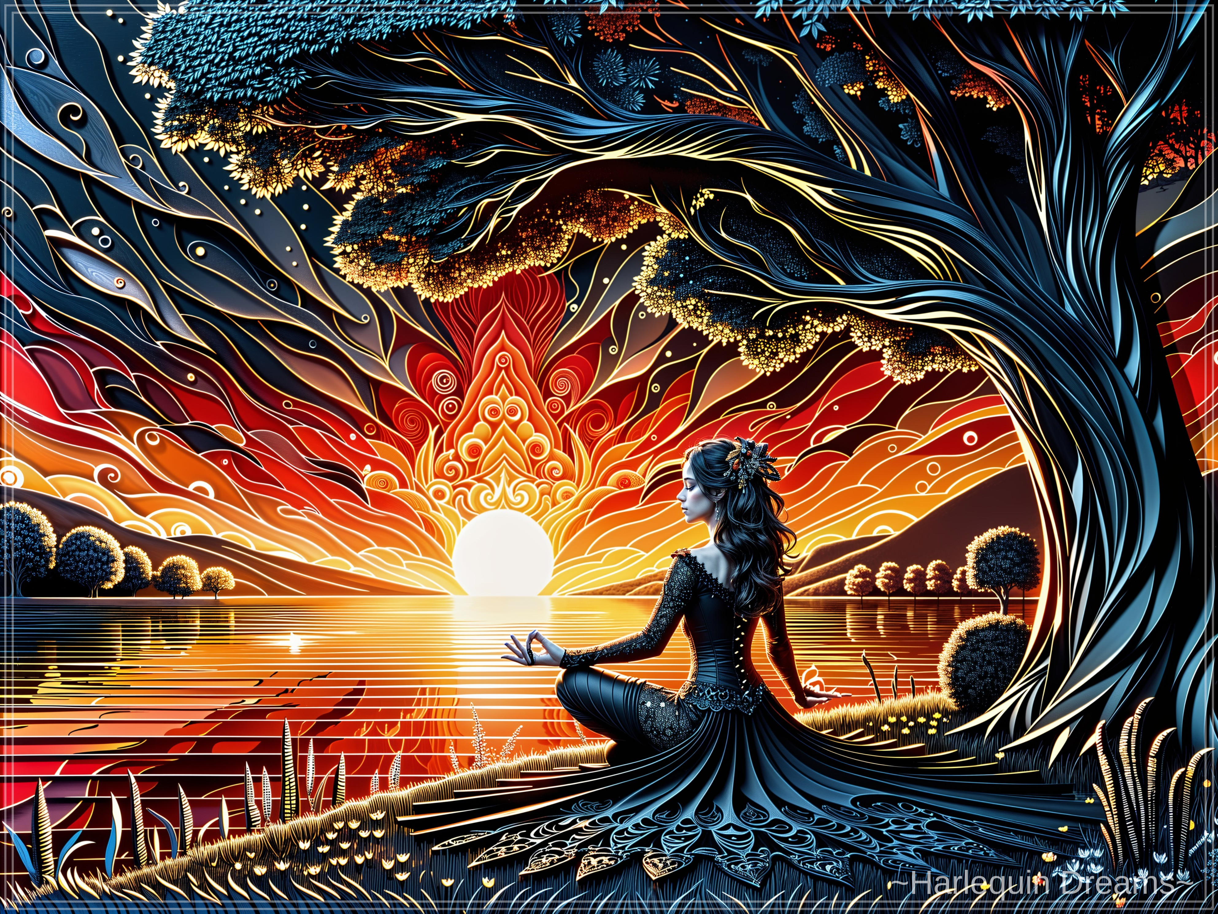 Woman Meditating by a Tranquil Sunset Lake