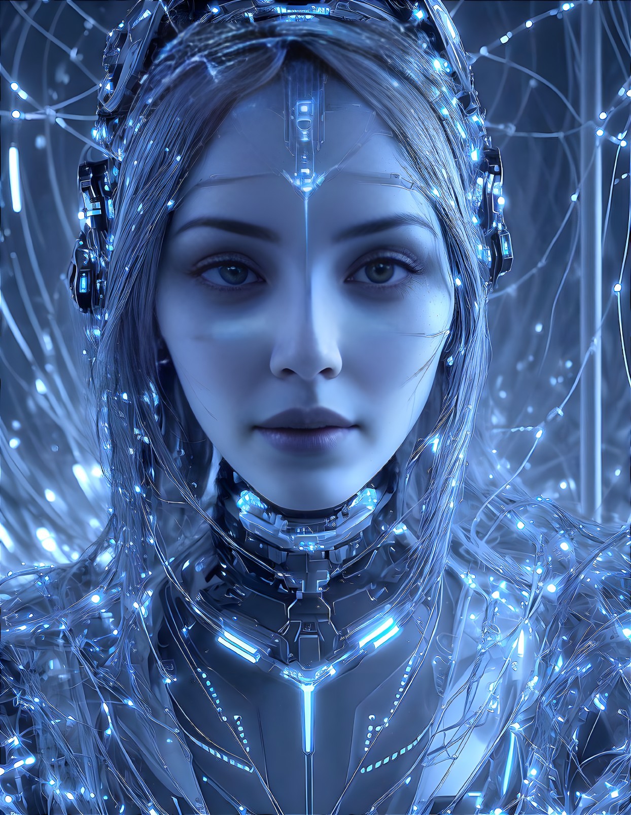 Futuristic cyborg woman with illuminated wires and electronic details