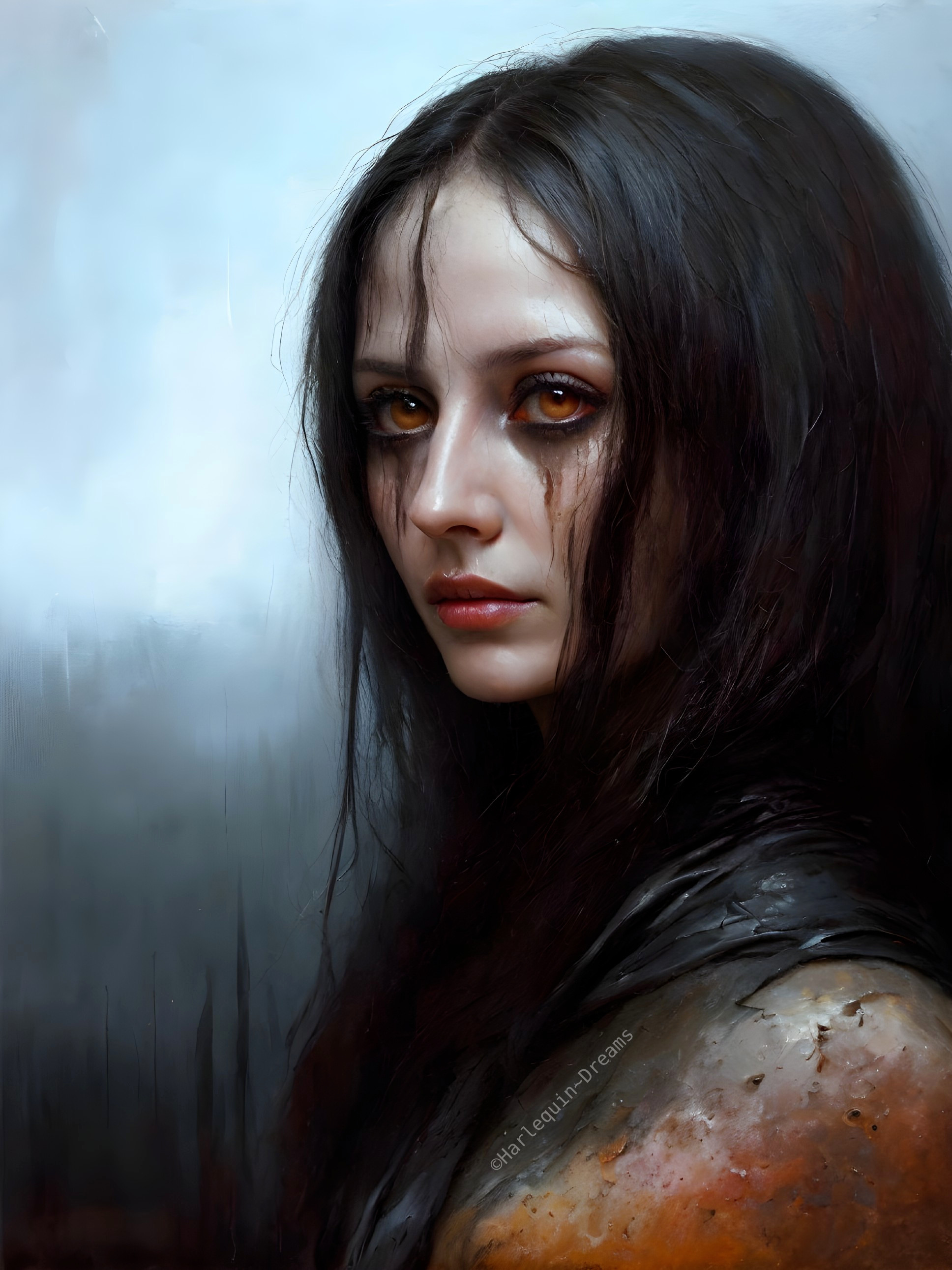 Portrait of a Young Woman with Amber Eyes and Dark Hair