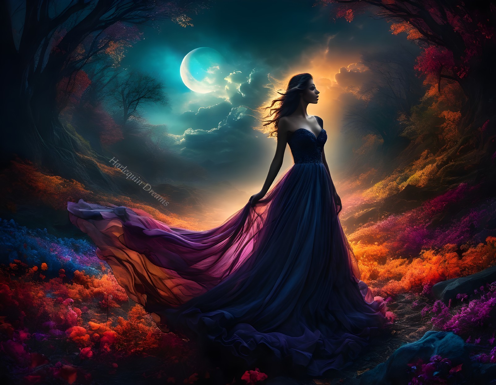 Silhouette of a woman in a mystical landscape scene