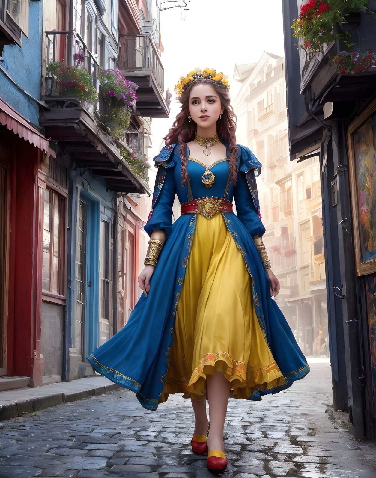 Medieval-inspired woman in blue and yellow dress with golden crown on cobblestone street.