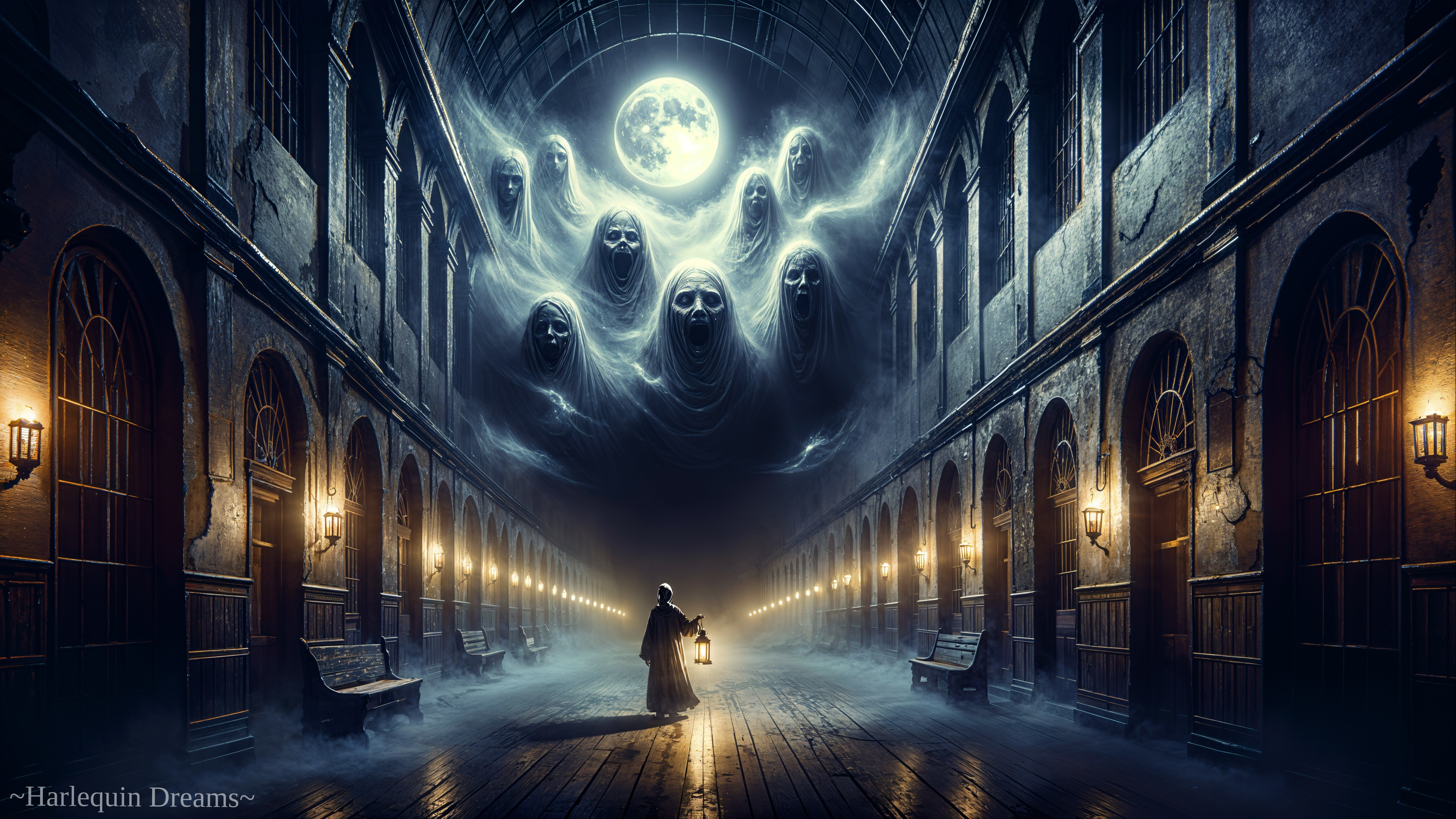 Haunting Corridor with Lantern and Ghostly Faces