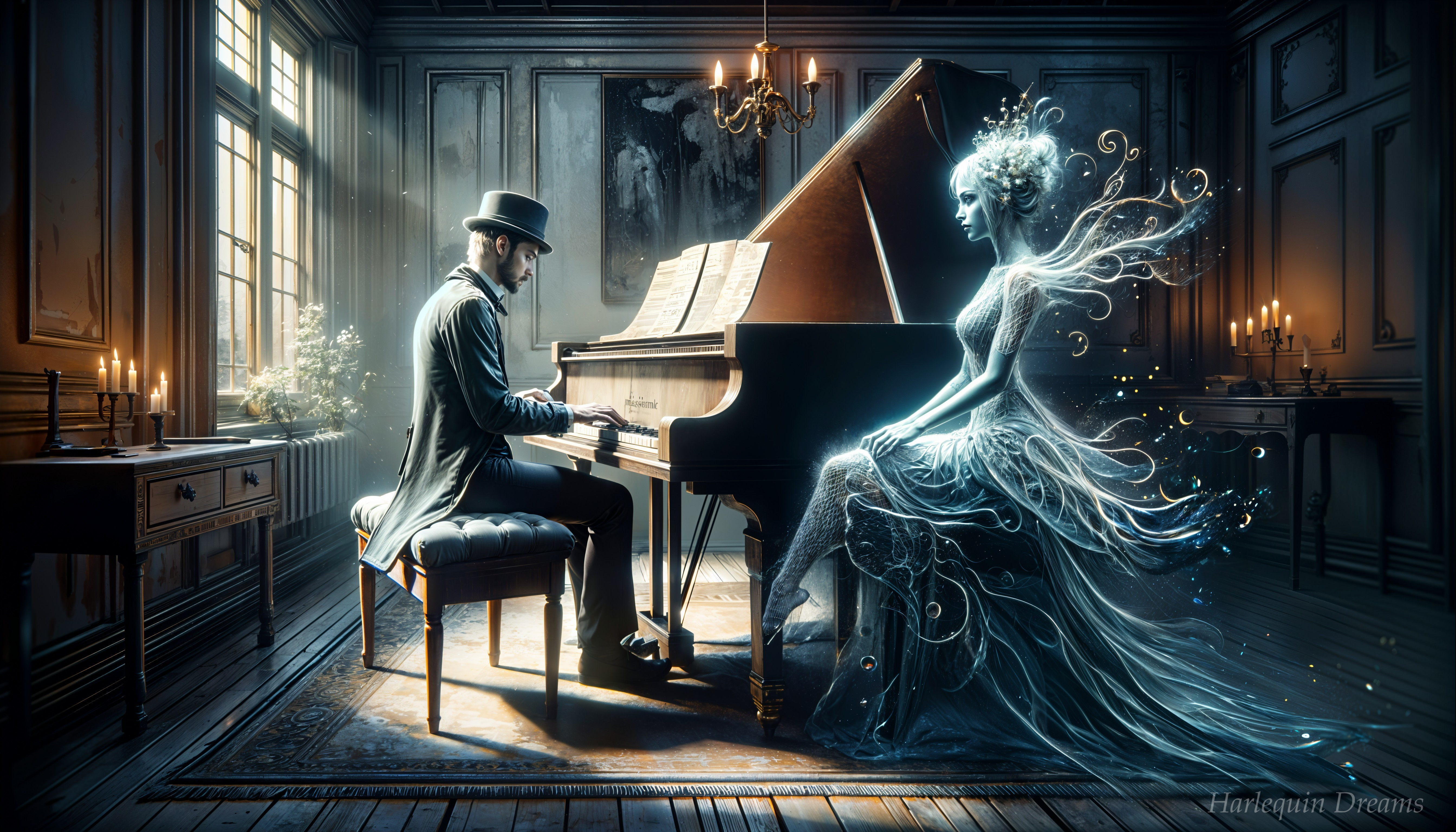 Musician at Grand Piano with Ethereal Presence