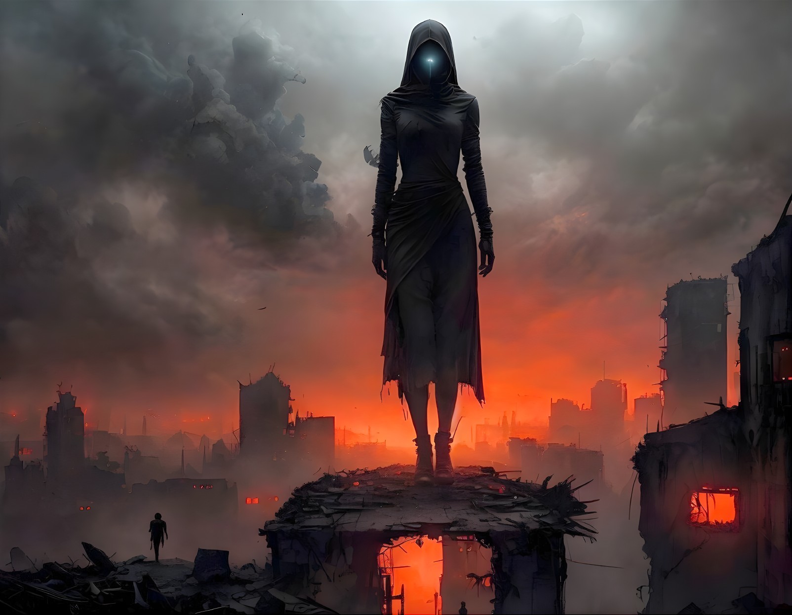 Cloaked Figure in Dystopian Landscape with Ruins
