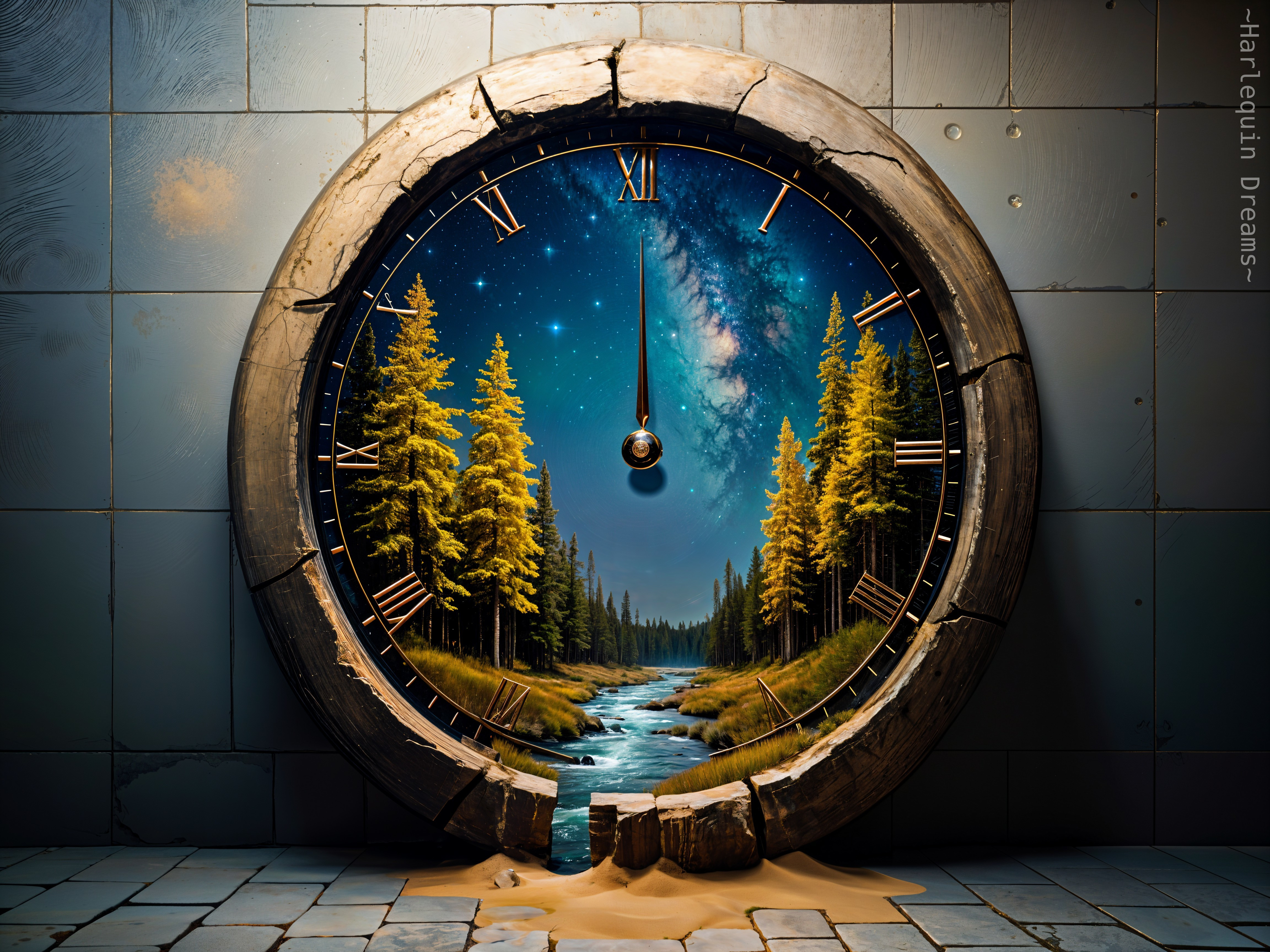 Textured Wood Clock with Pine Trees and River Scene