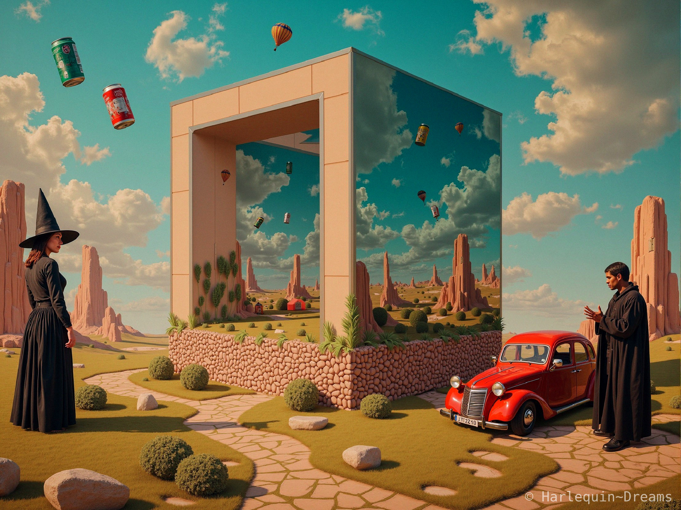 Surreal Landscape with Wizards and Reflective Cube
