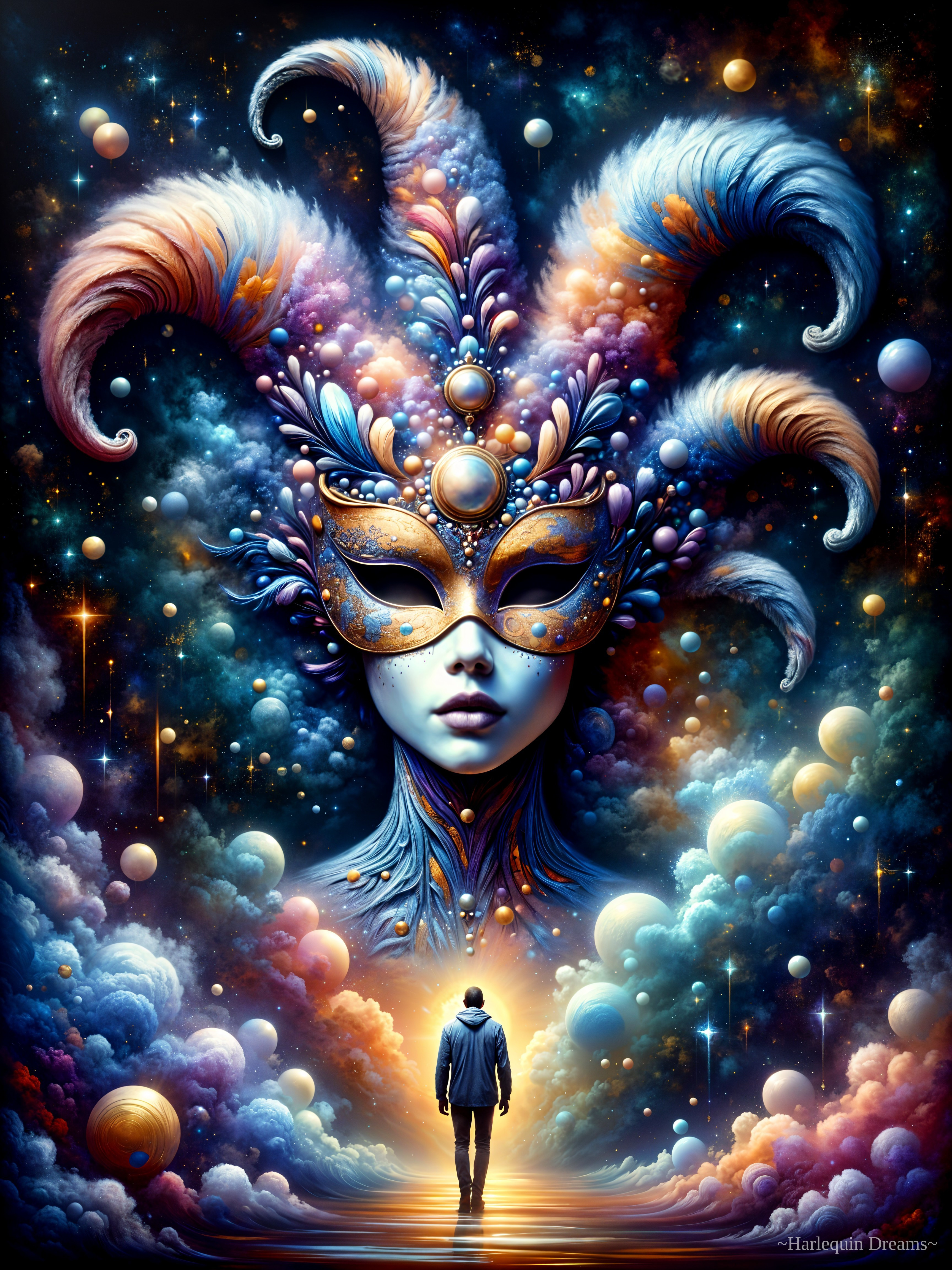 Surreal Scene with Ornate Mask and Dreamlike Horizon