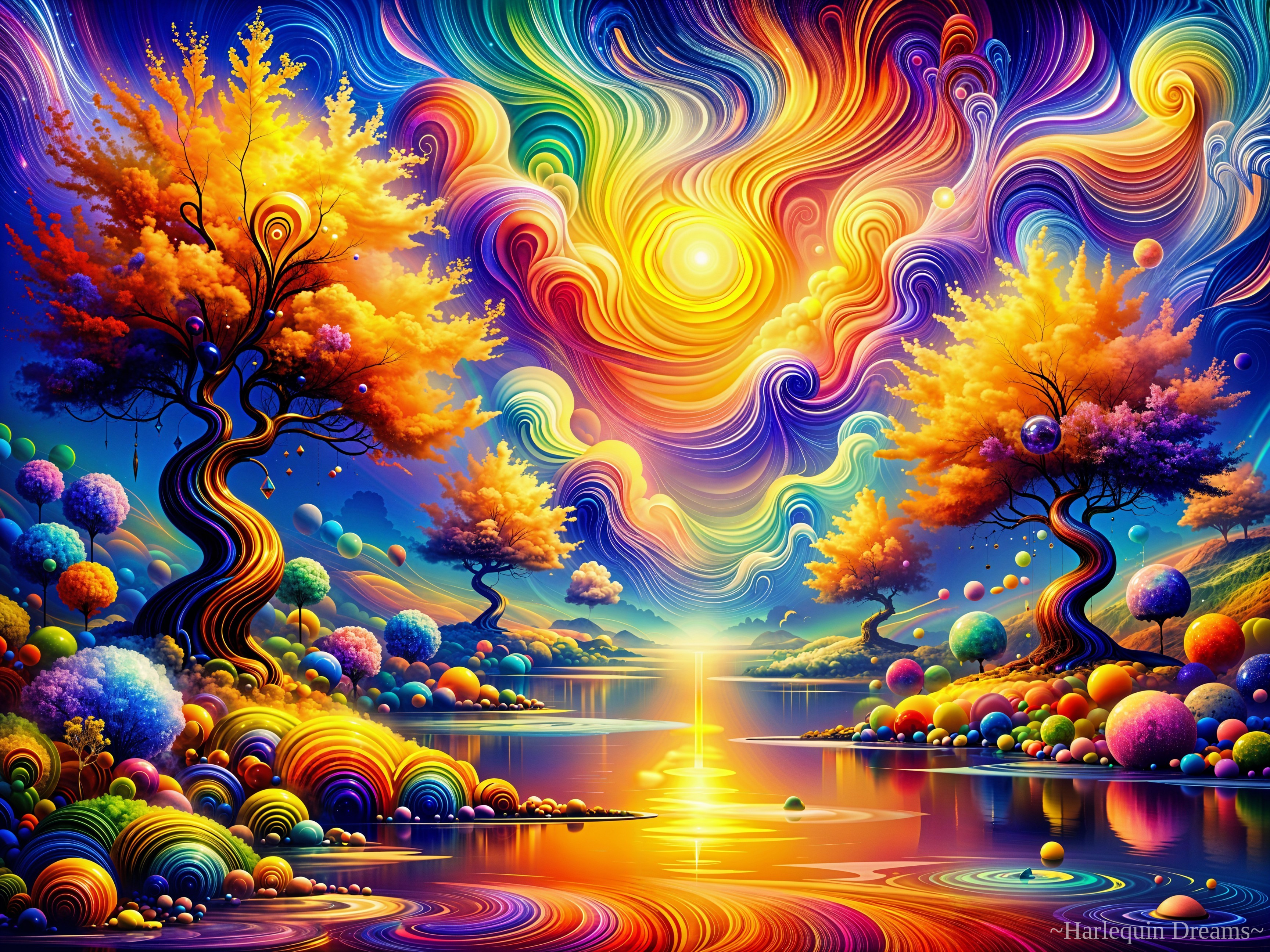 Vibrant Landscape with Colorful Trees and Dreamlike Sky