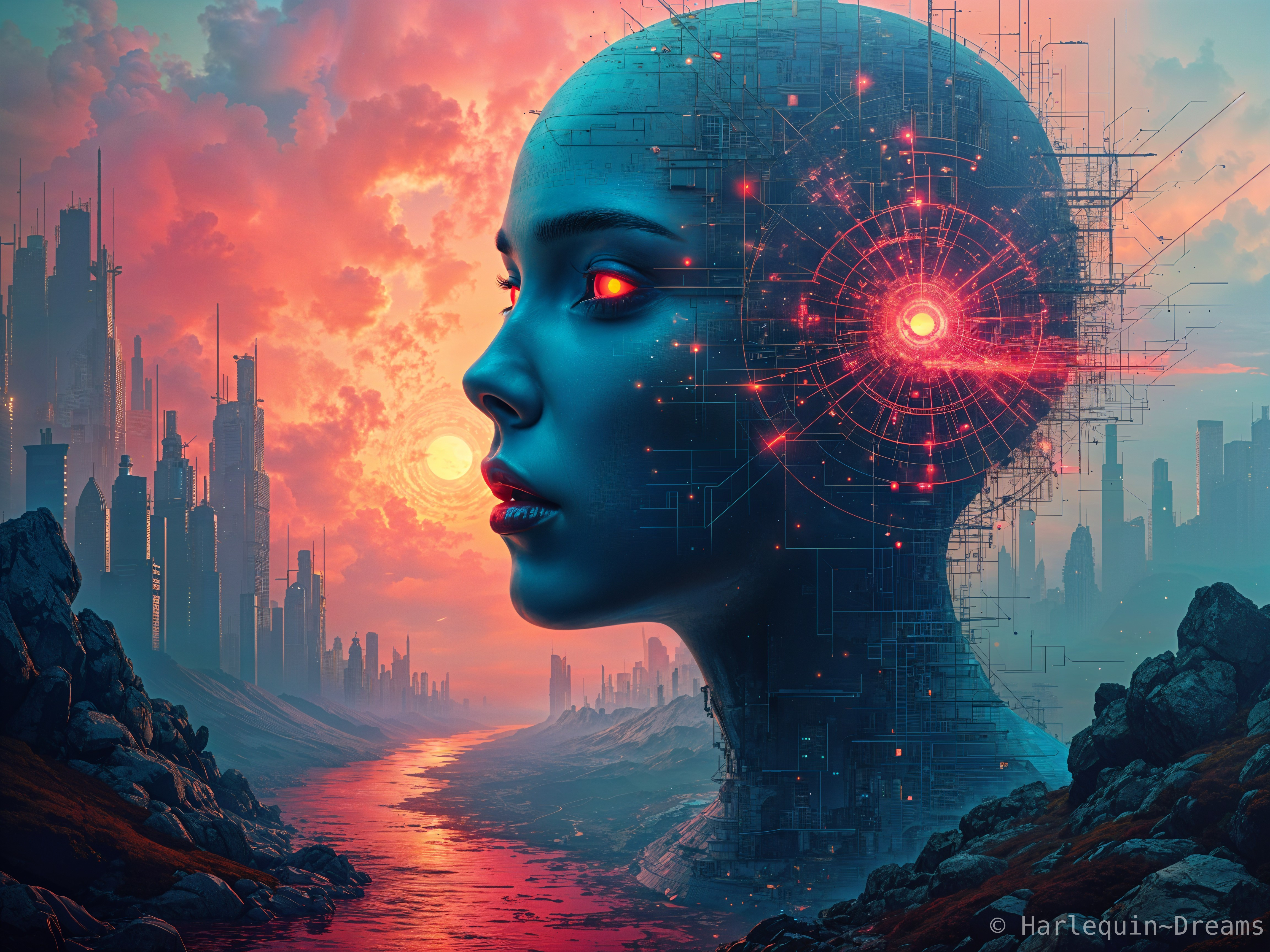 Futuristic Cybernetic Woman Against Sunset Cityscape