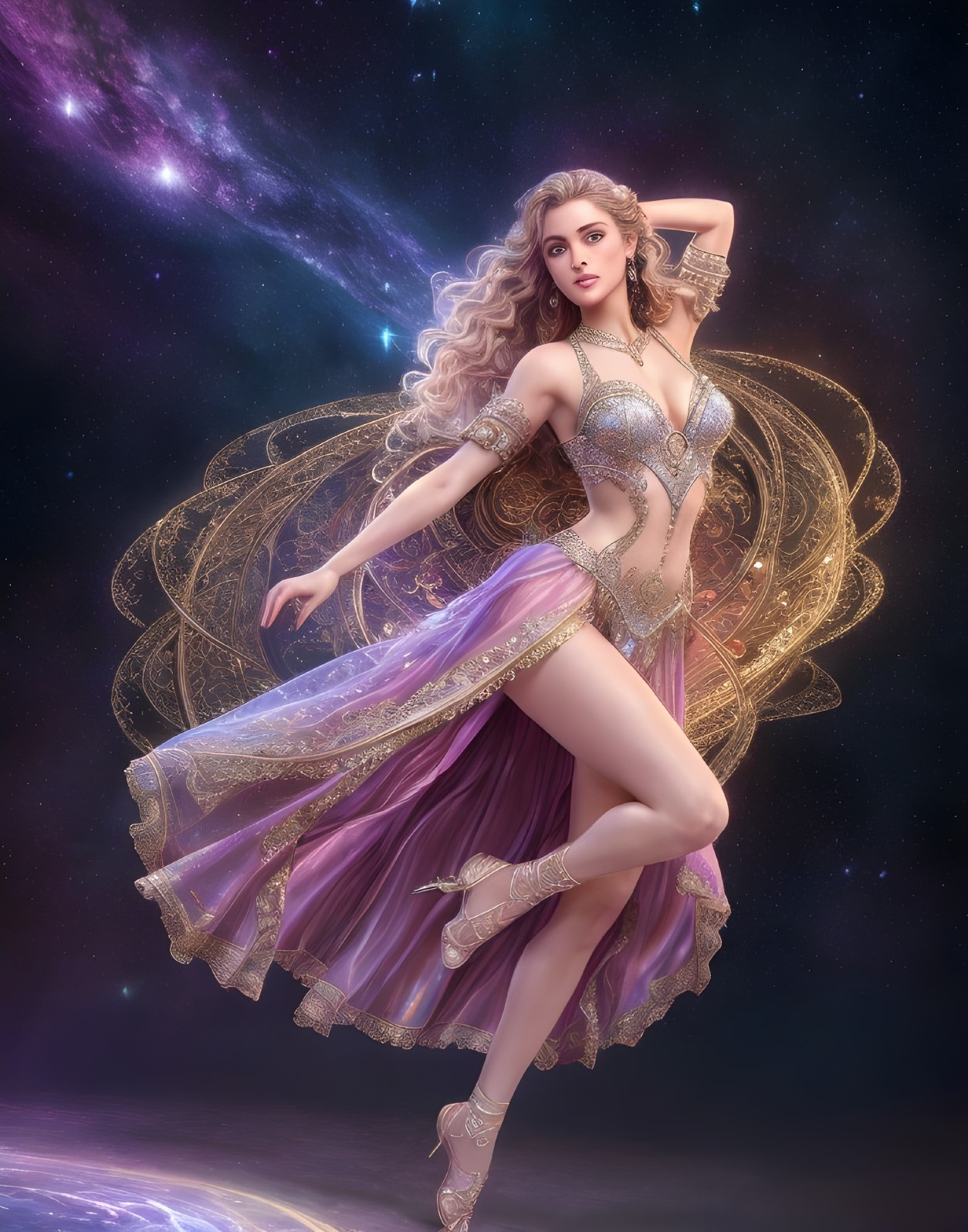 Fantasy digital artwork of figure with curly hair in metallic bodice and ballet shoes