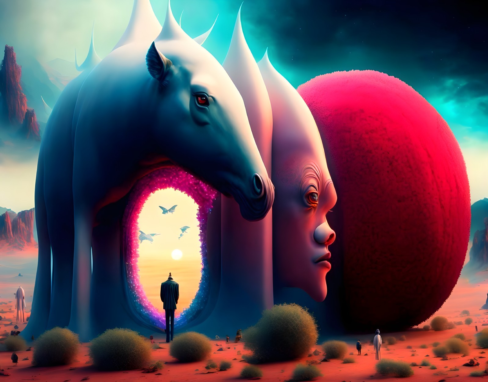 Surreal Landscape with Sculptures and Vibrant Sky