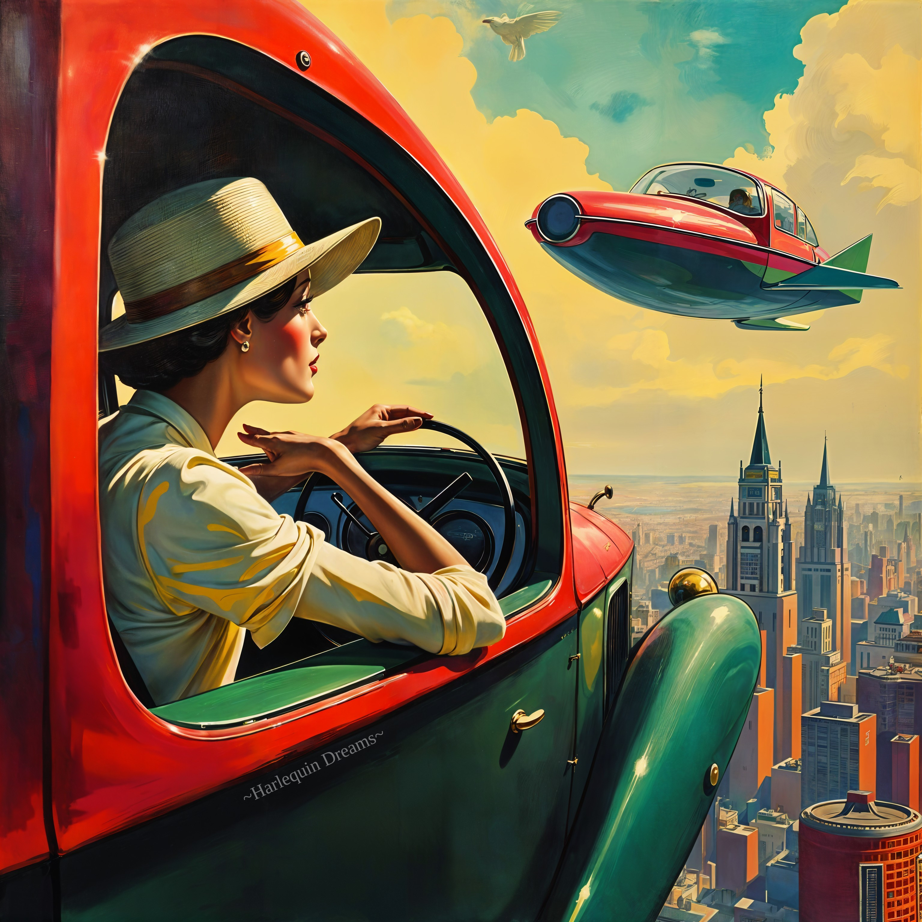 Woman in 1930s Attire in Vintage Car with Skyline