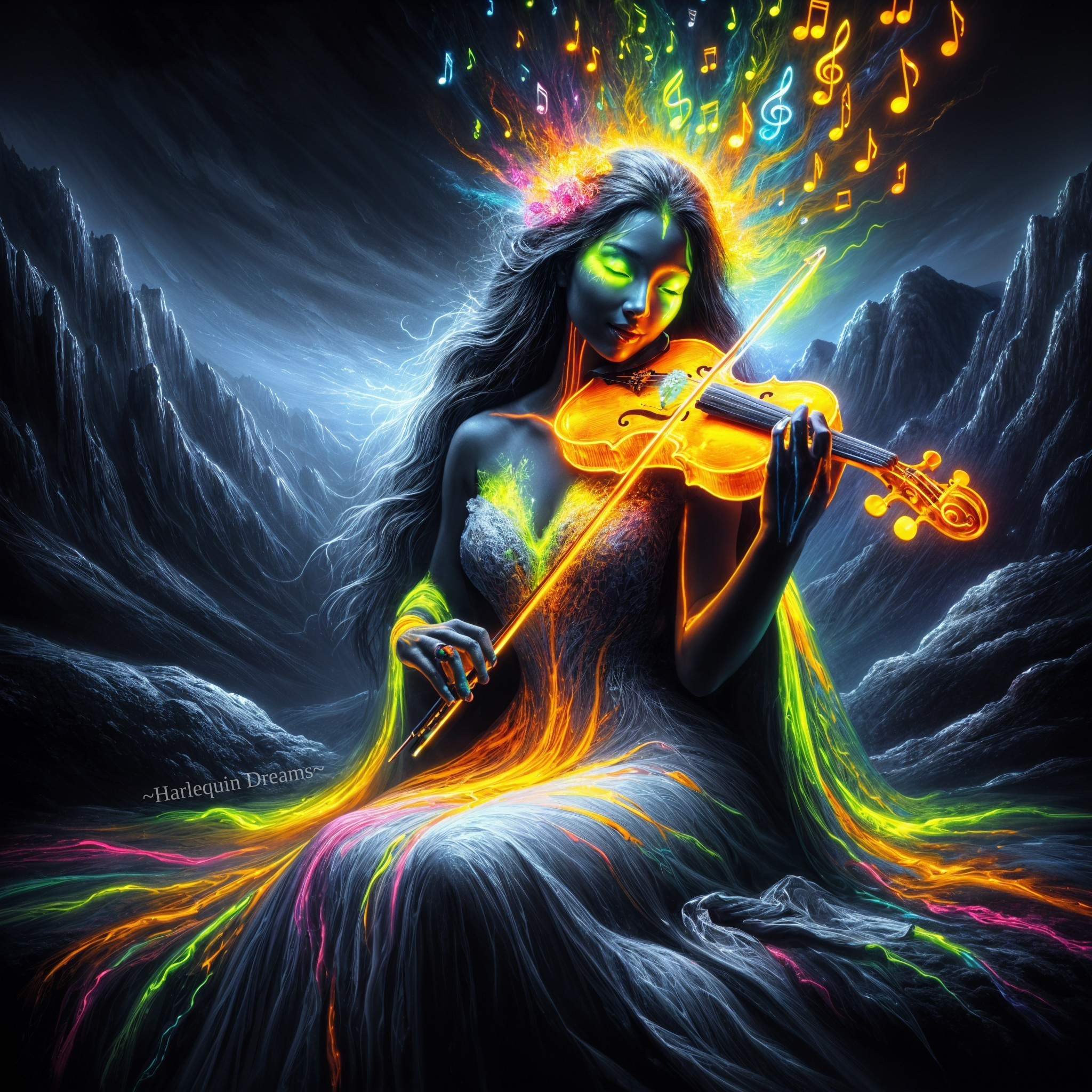 Mystical Figure Playing Glowing Violin in Dark Landscape