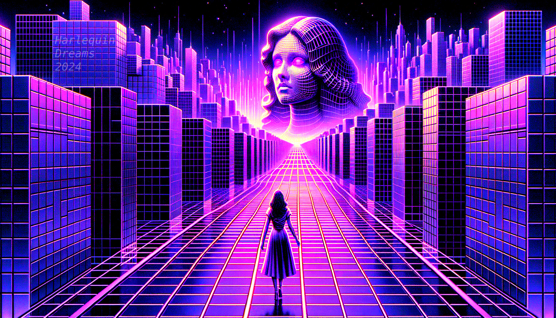 Futuristic cityscape with glowing female figure and pathways