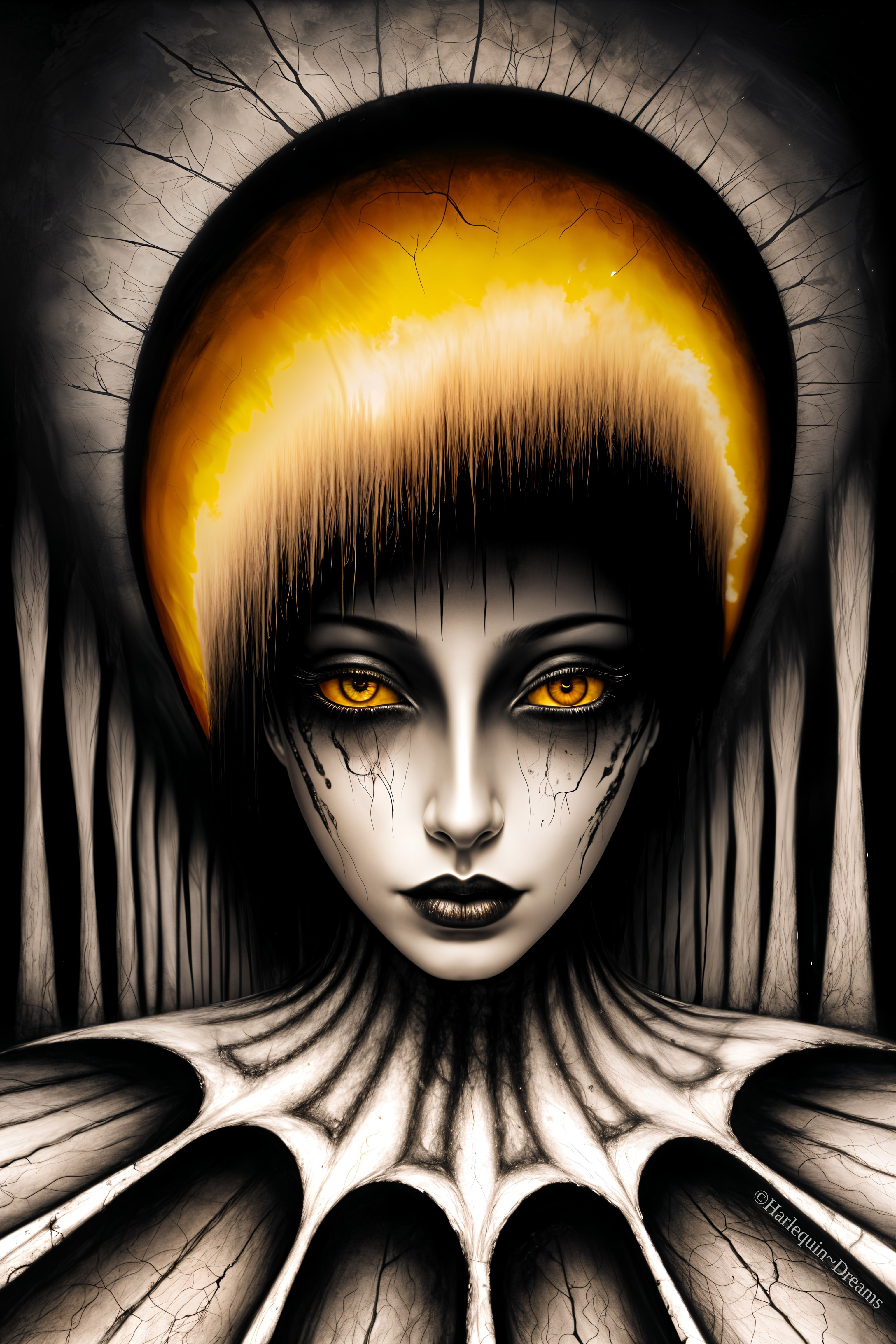 Surreal Figure with Golden Eyes and Fiery Halo