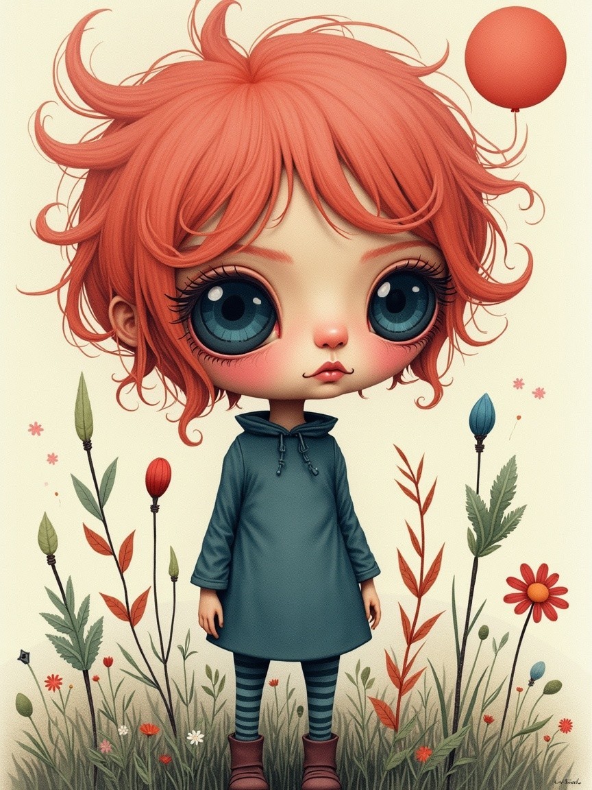 Whimsical Character Surrounded by Colorful Flowers