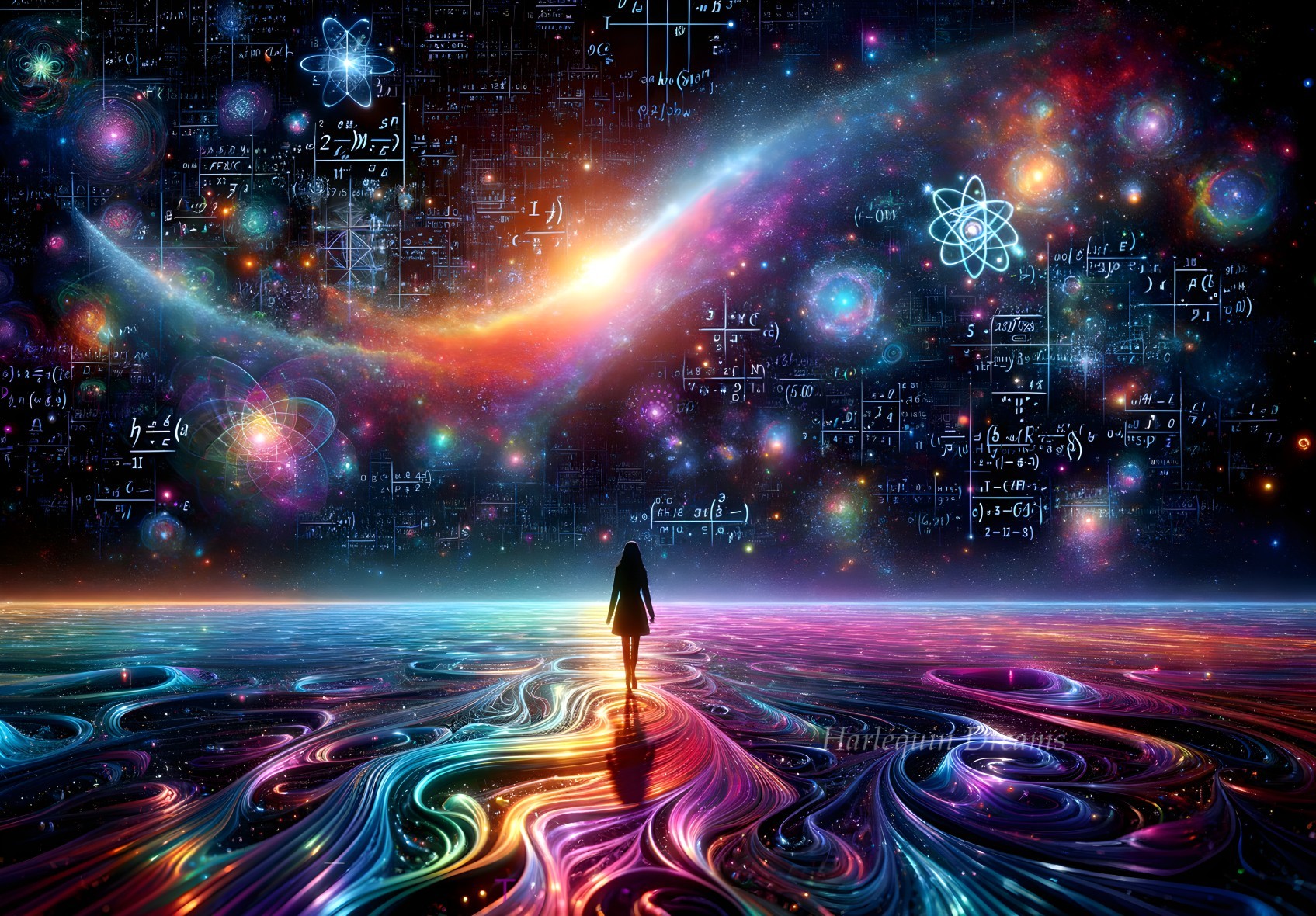Vibrant Cosmic Scene with Mathematical Elements