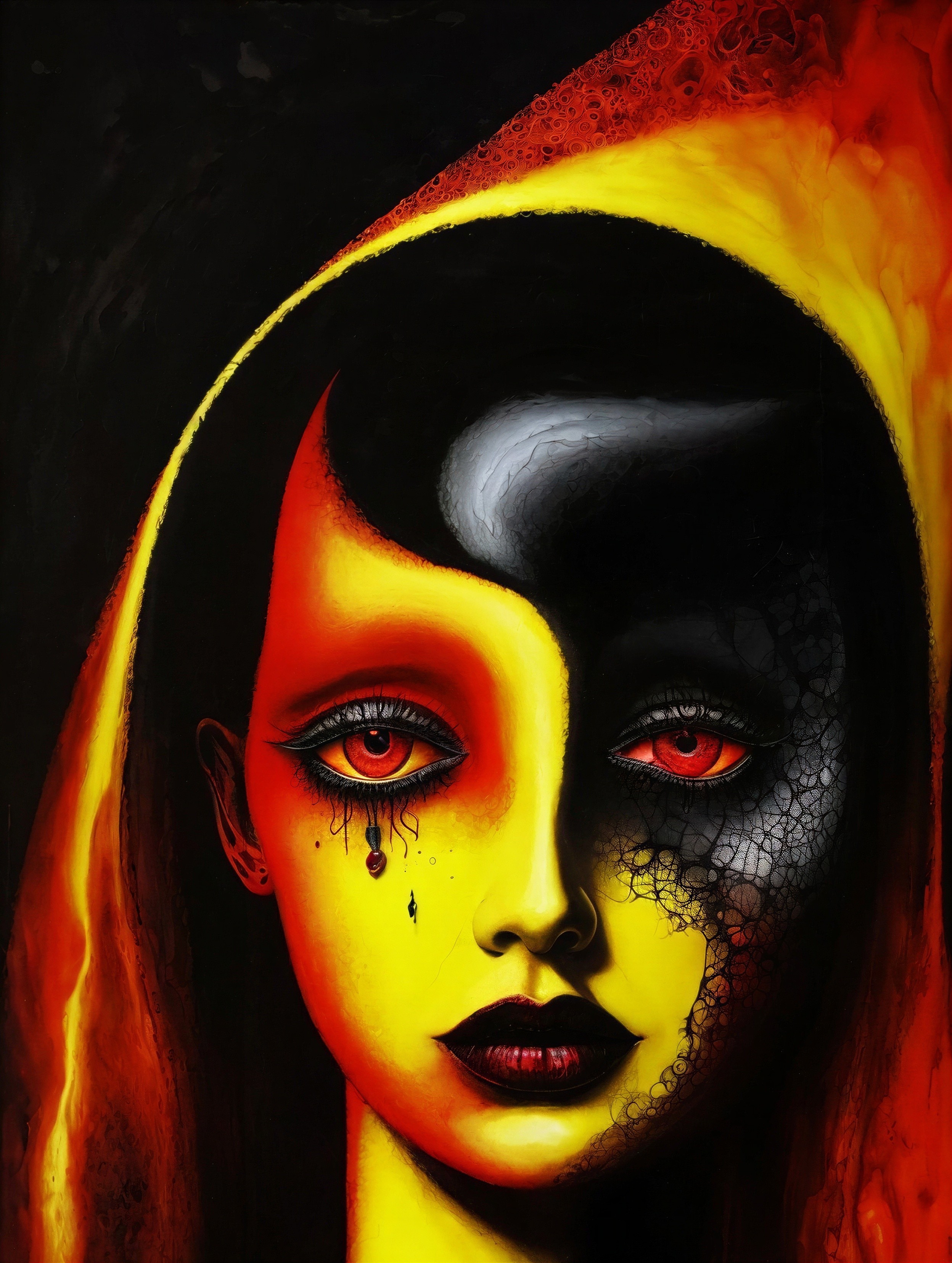 Portrait of a Woman with Dual-Toned Skin and Red Eyes