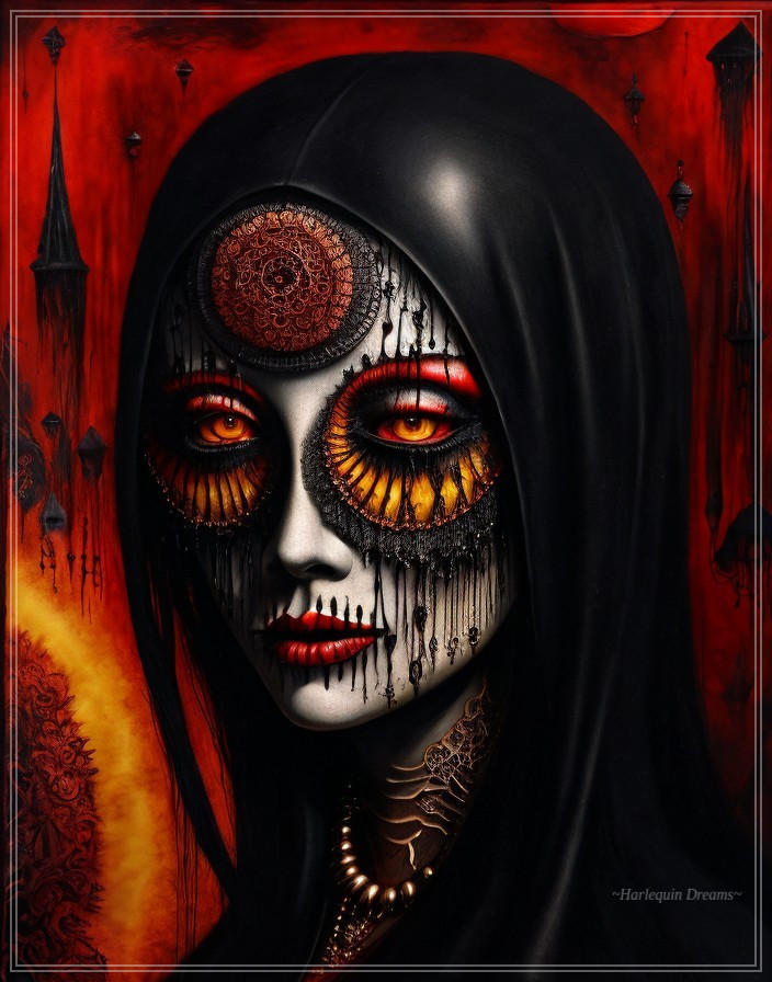 Mystical Figure with Orange Eyes on Red Background