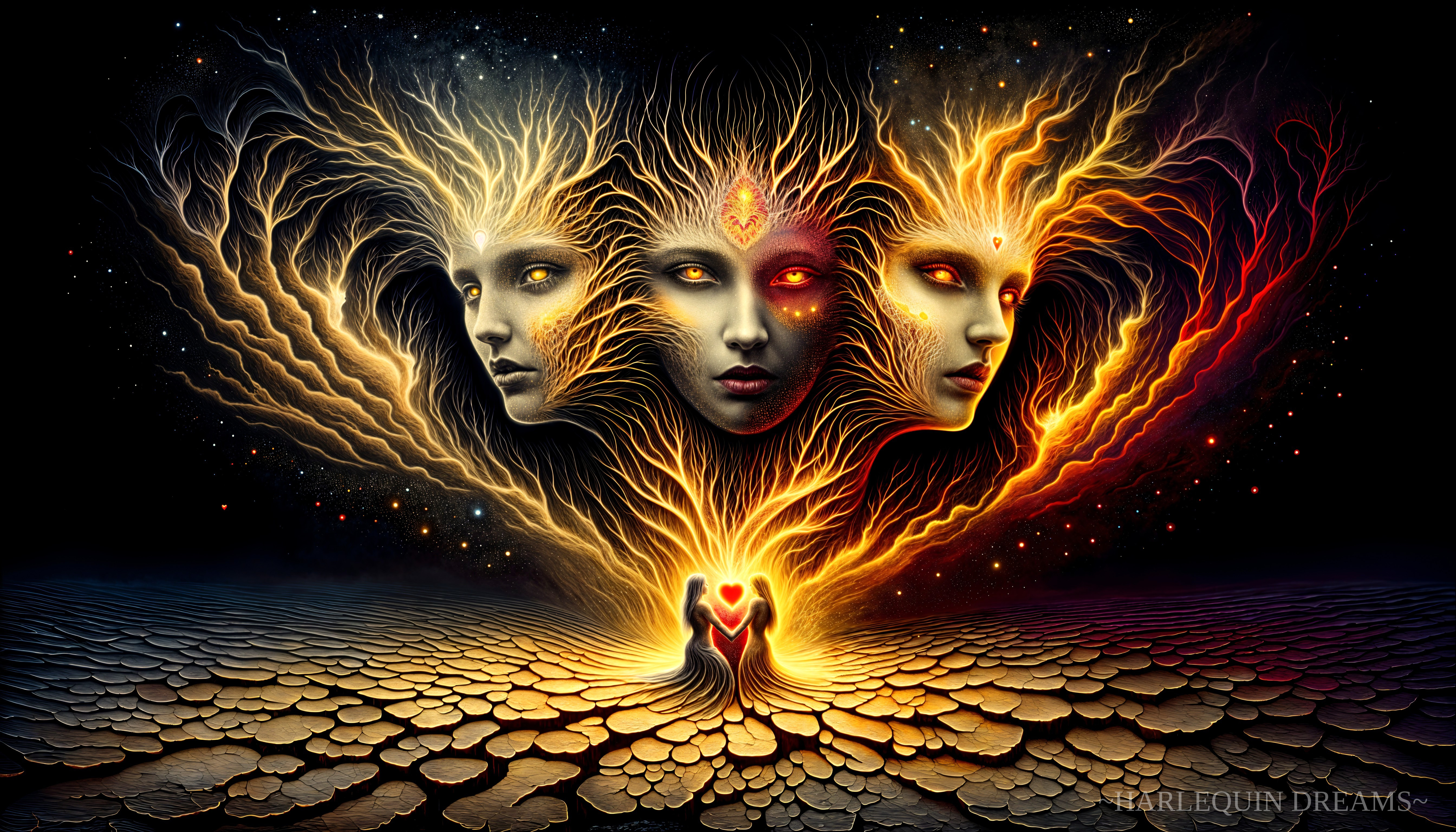 Surreal Landscape with Ethereal Faces and Embracing Figures