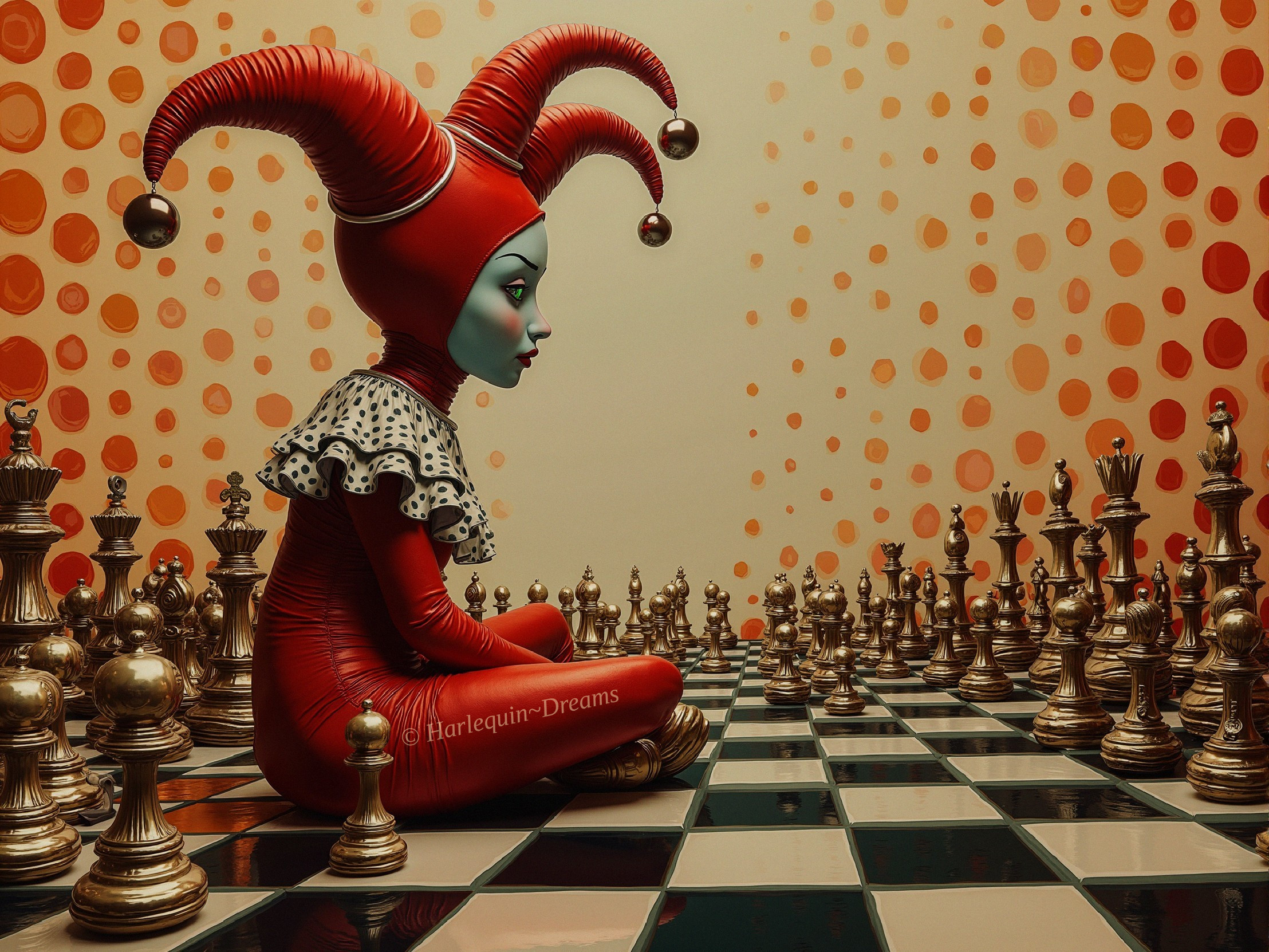 Whimsical Jester Figure on Checkerboard with Chess Pieces