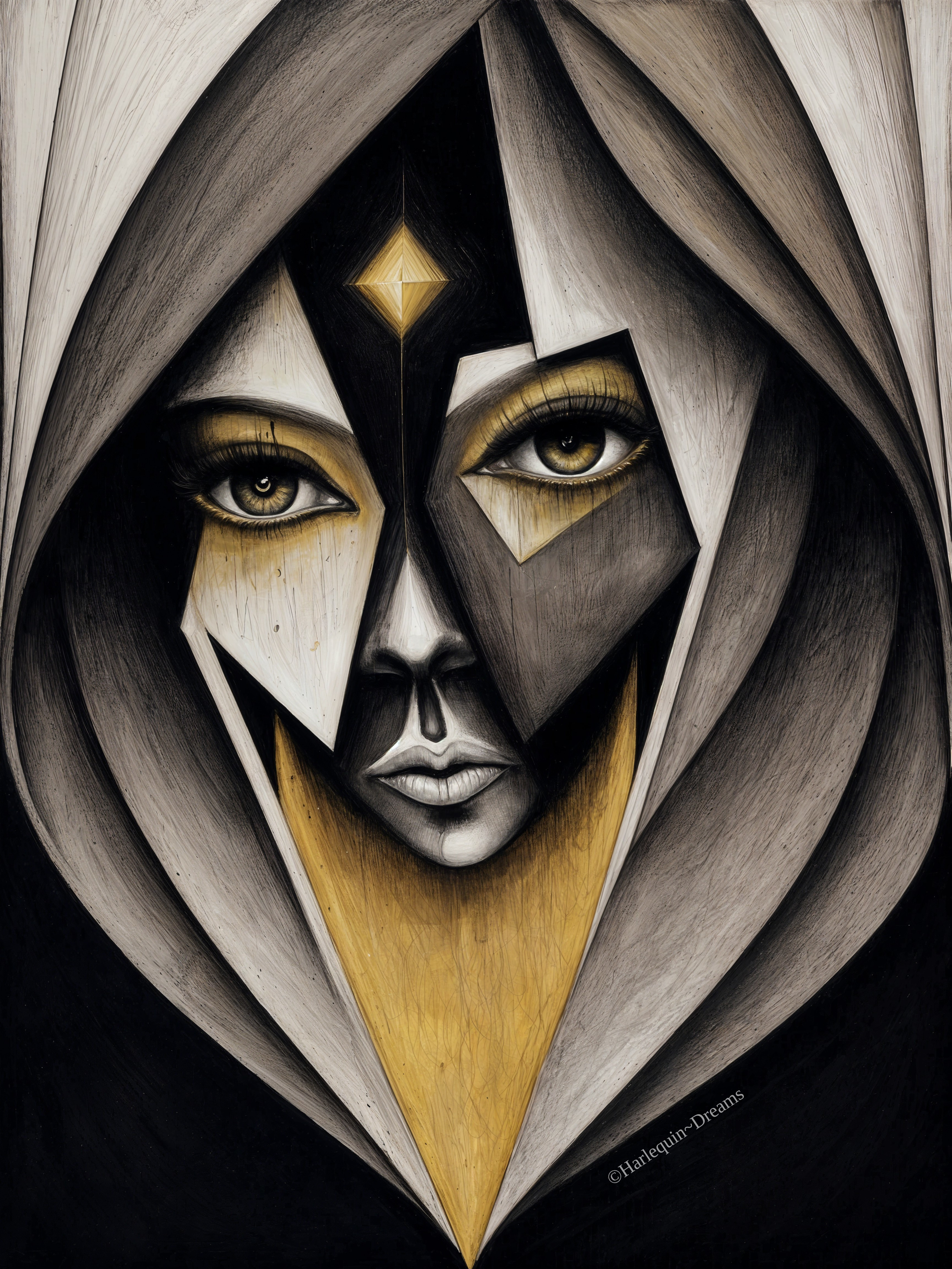 Stylized Portrait of a Hooded Woman with Geometric Shapes