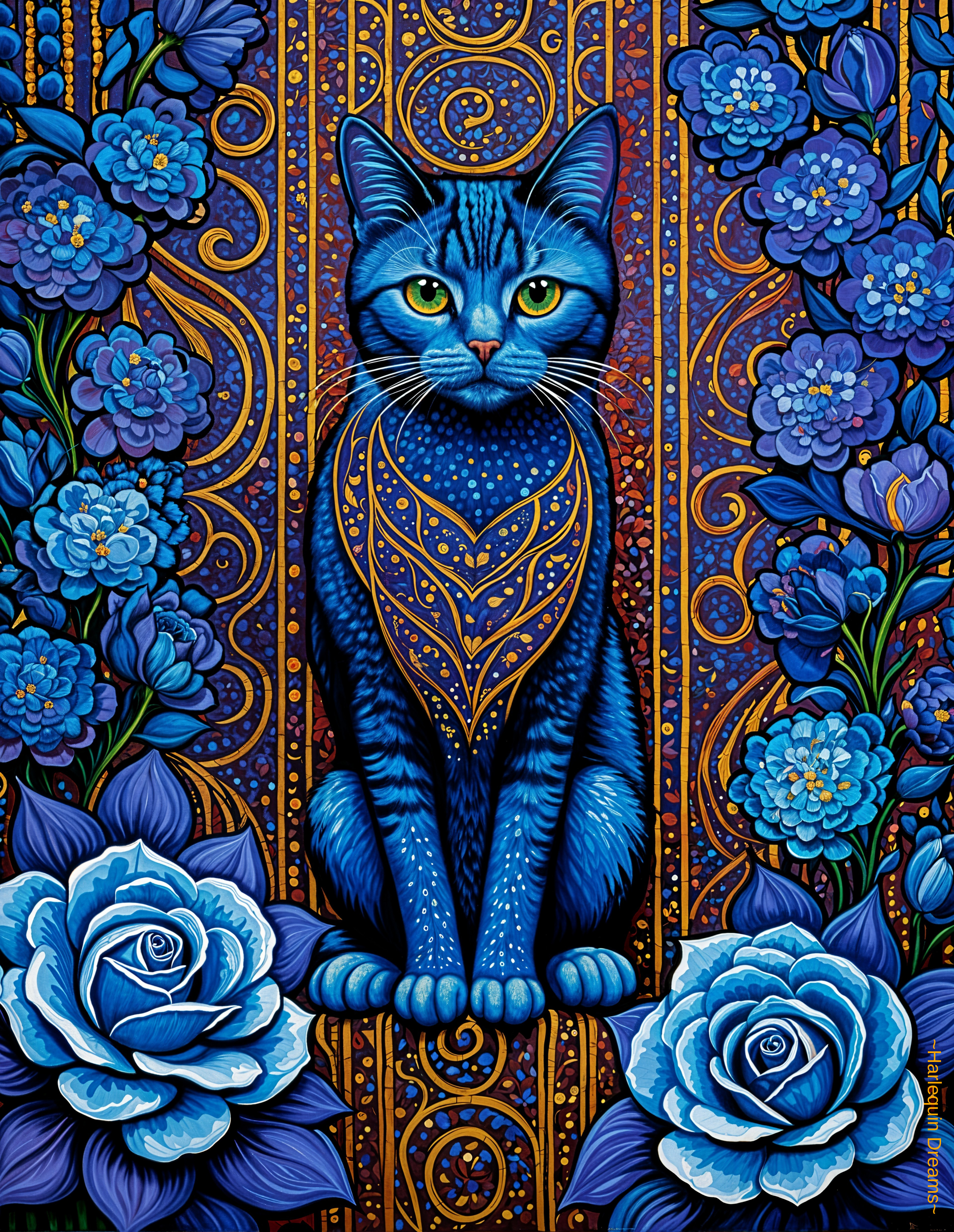 Blue Cat with Floral Background and Green Eyes