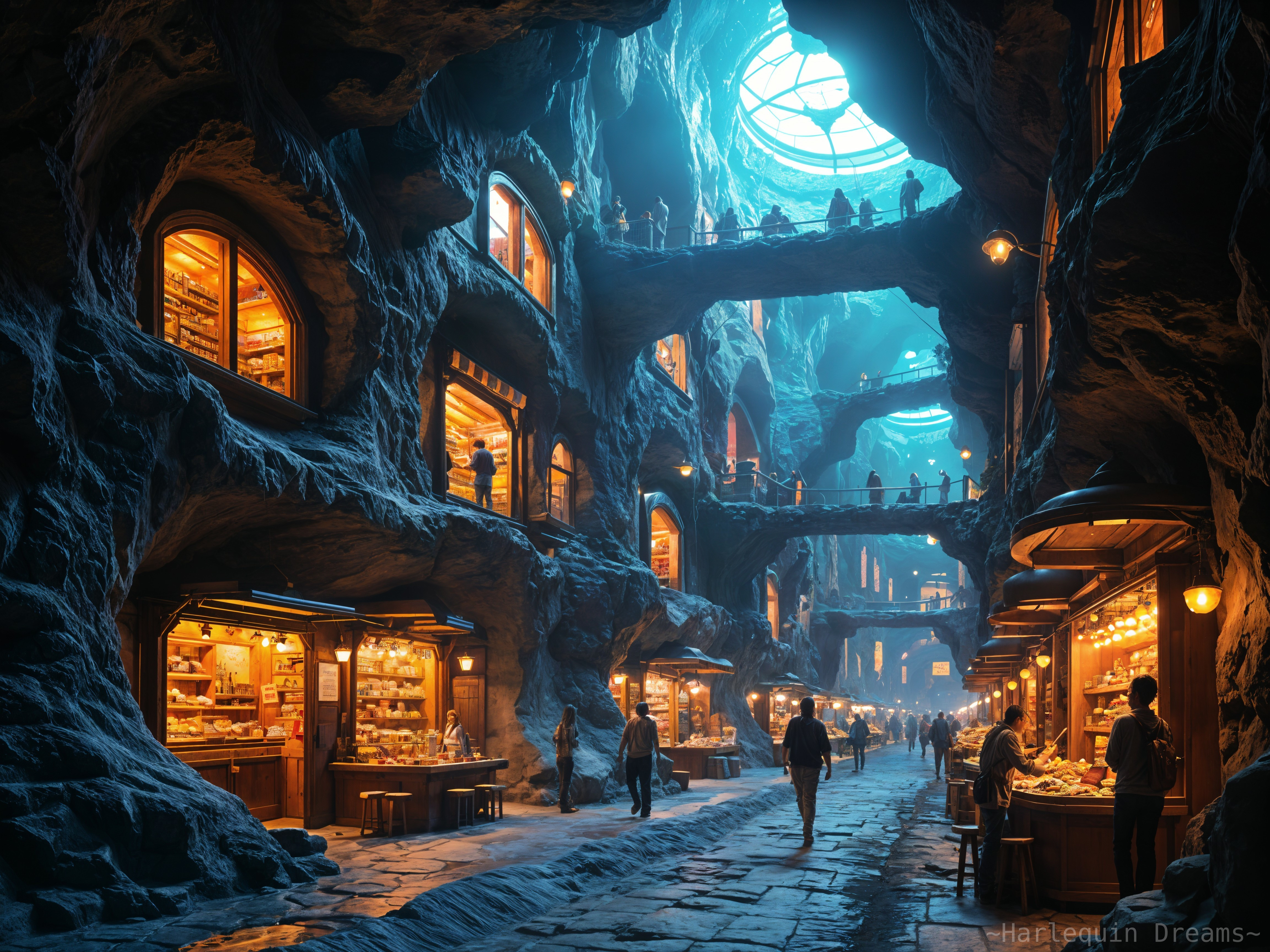Underground Market with Blue Light and Stone Walls