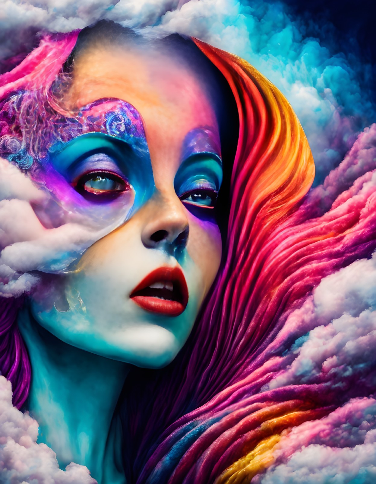 Vibrant surreal portrait with multicolored hair and makeup