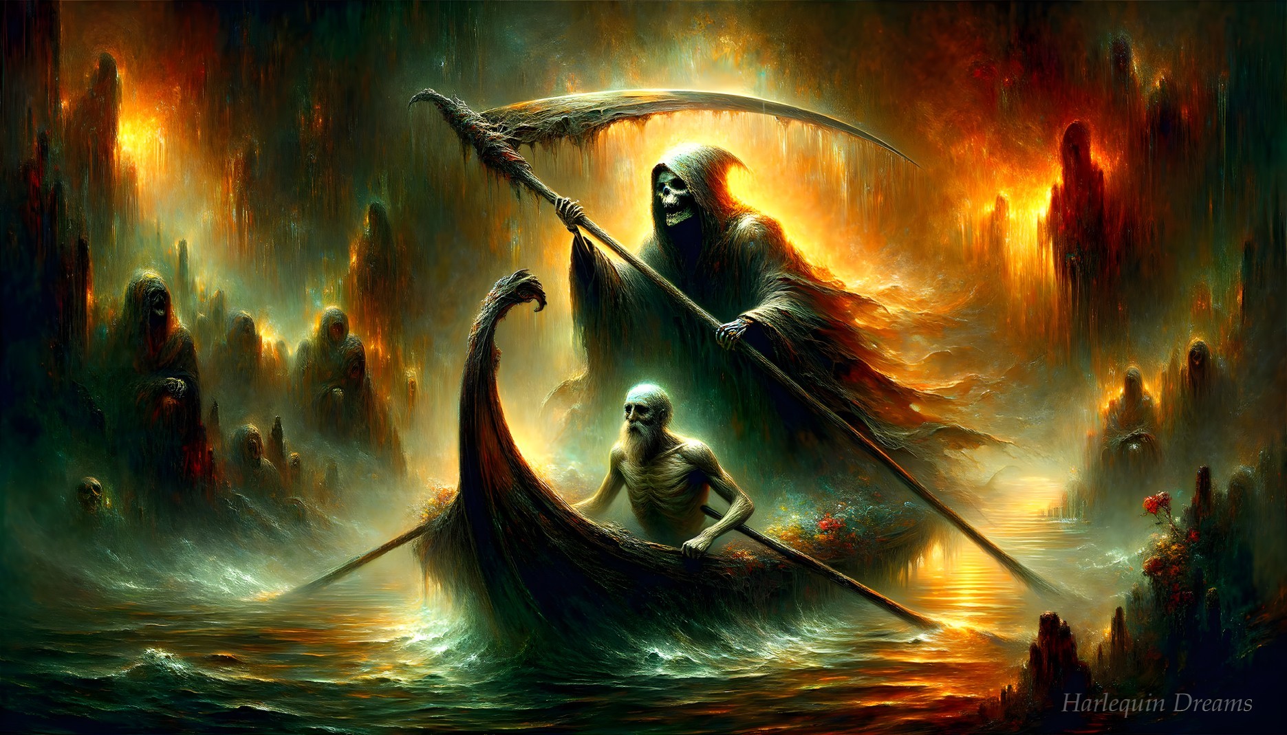 Grim Reaper and Ferryman Cross Fiery River Scene