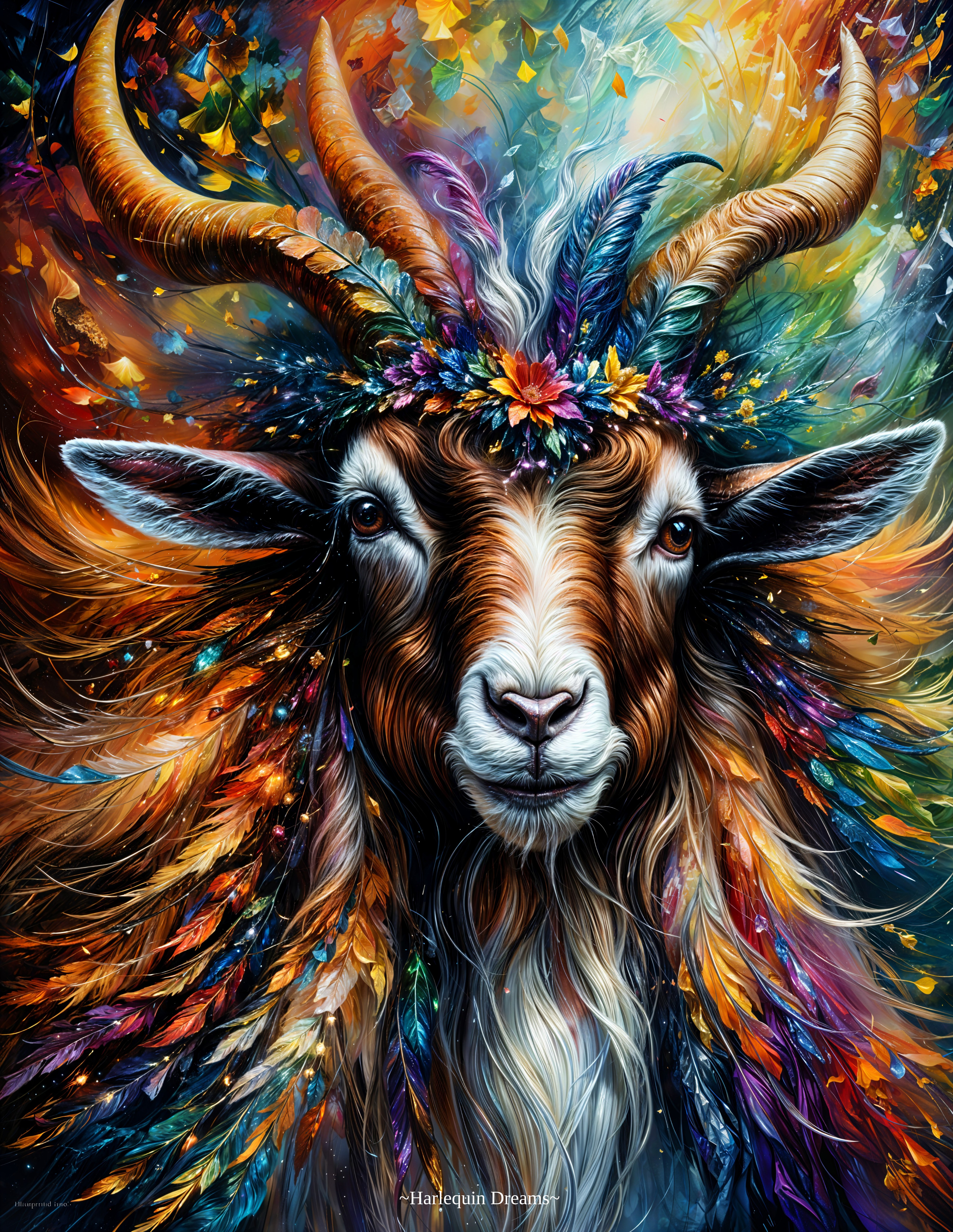 Vibrant Goat Head with Colorful Crown and Dynamic Background