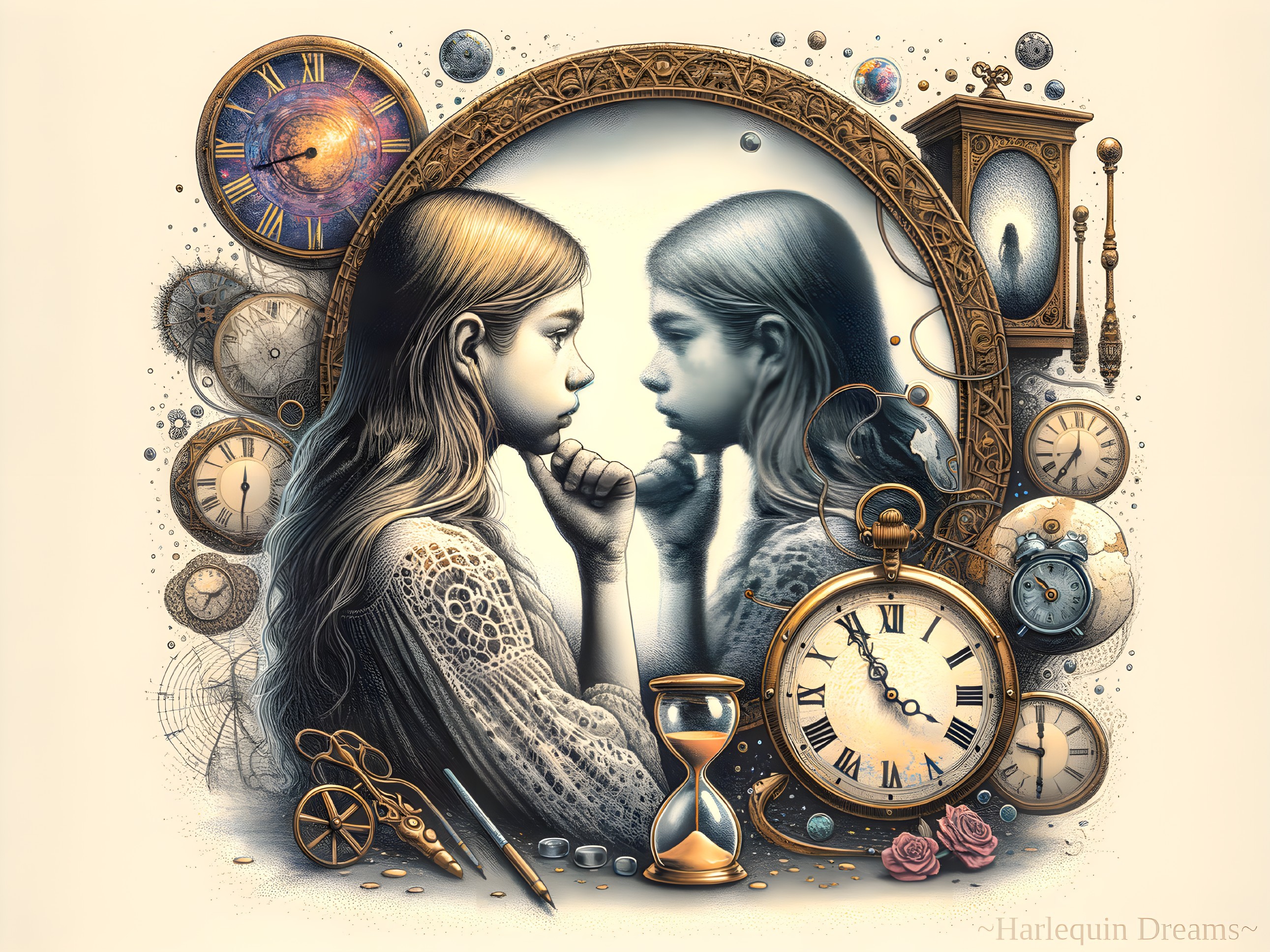 Young Girl Reflecting in Vintage Mirror with Clocks