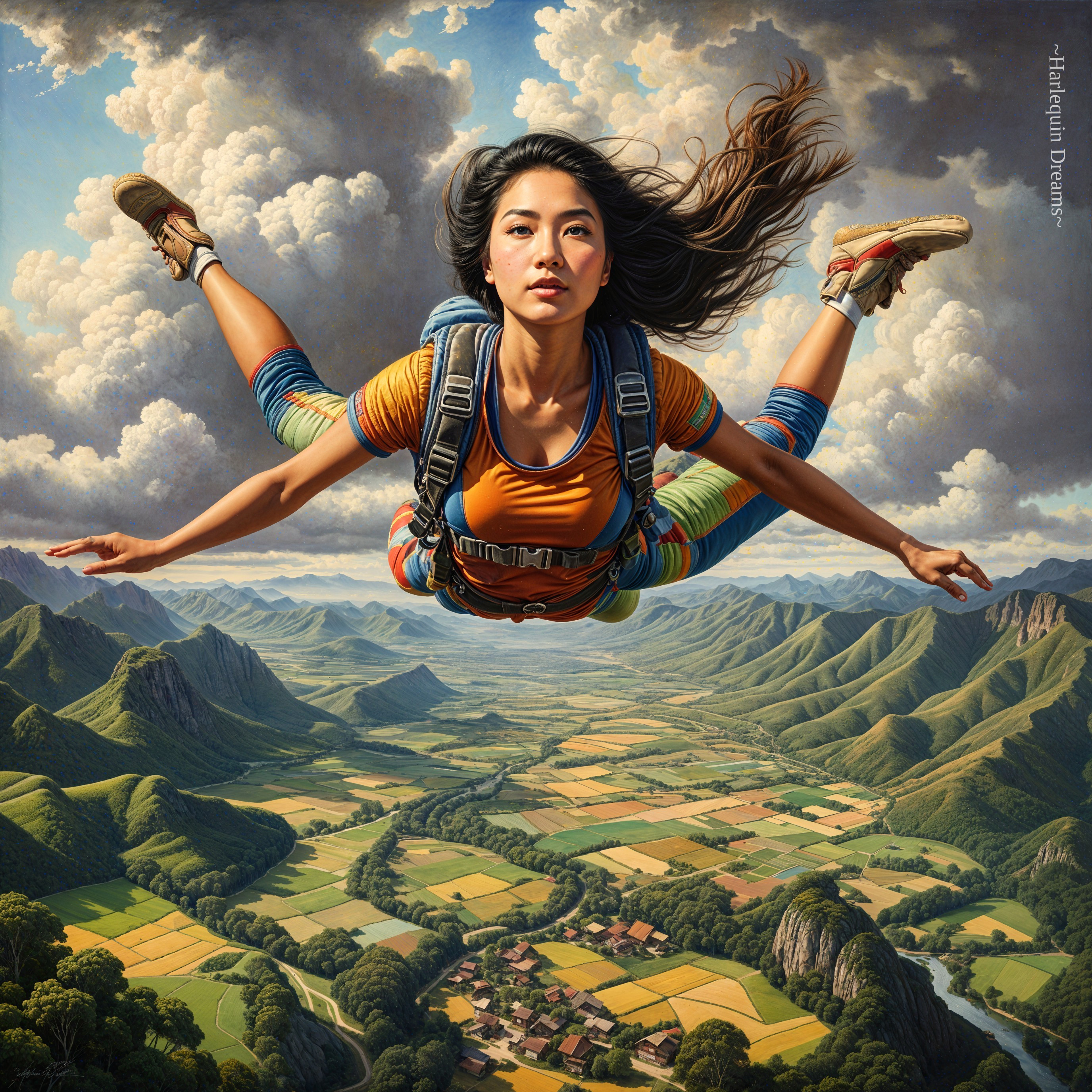 Skydiving Woman Over Lush Mountainous Landscape