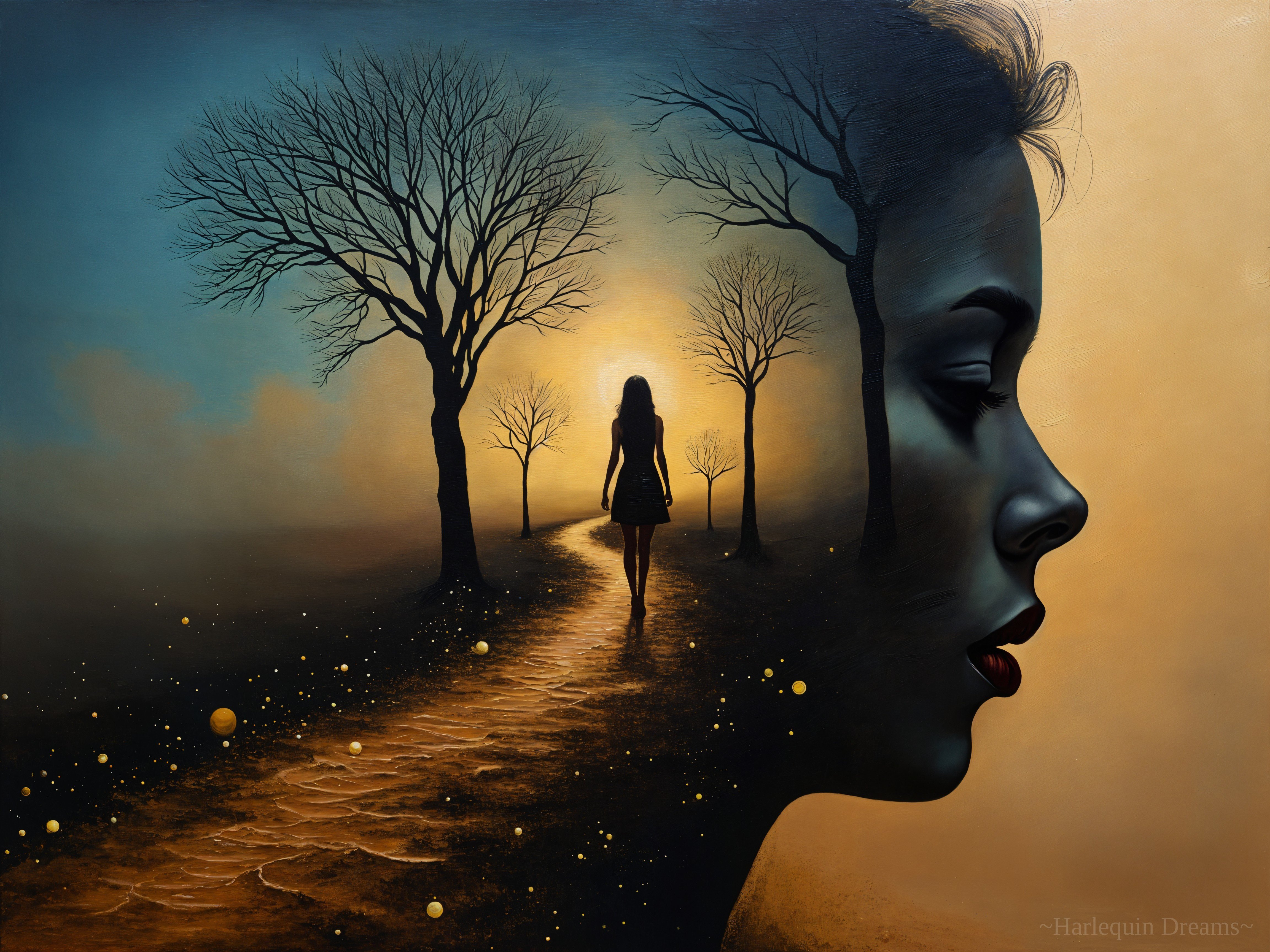 Surreal Landscape with Merging Profiles and Pathway