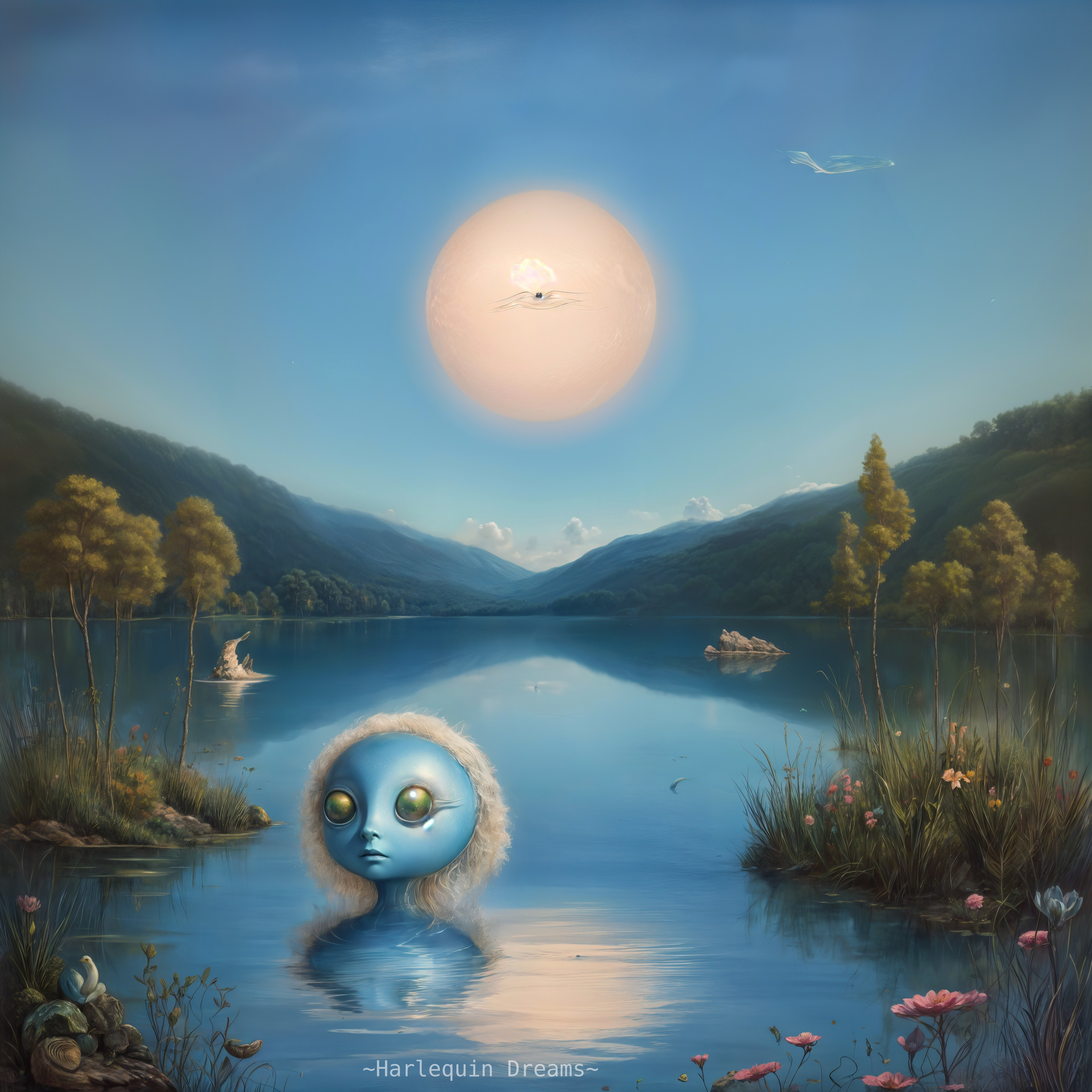 Serene lake with mountains and dreamlike figure