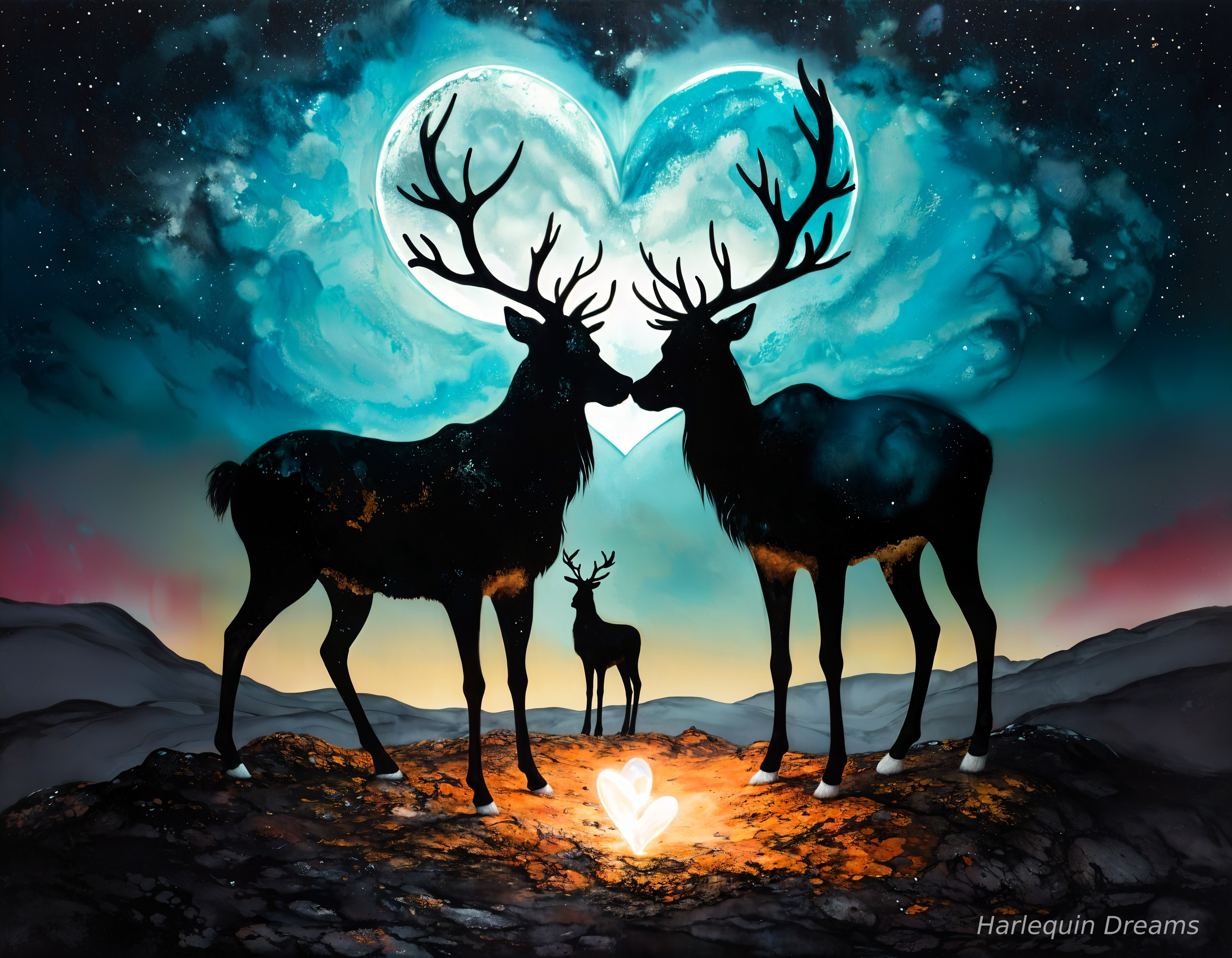 Dreamlike Landscape with Deer and Glowing Moons