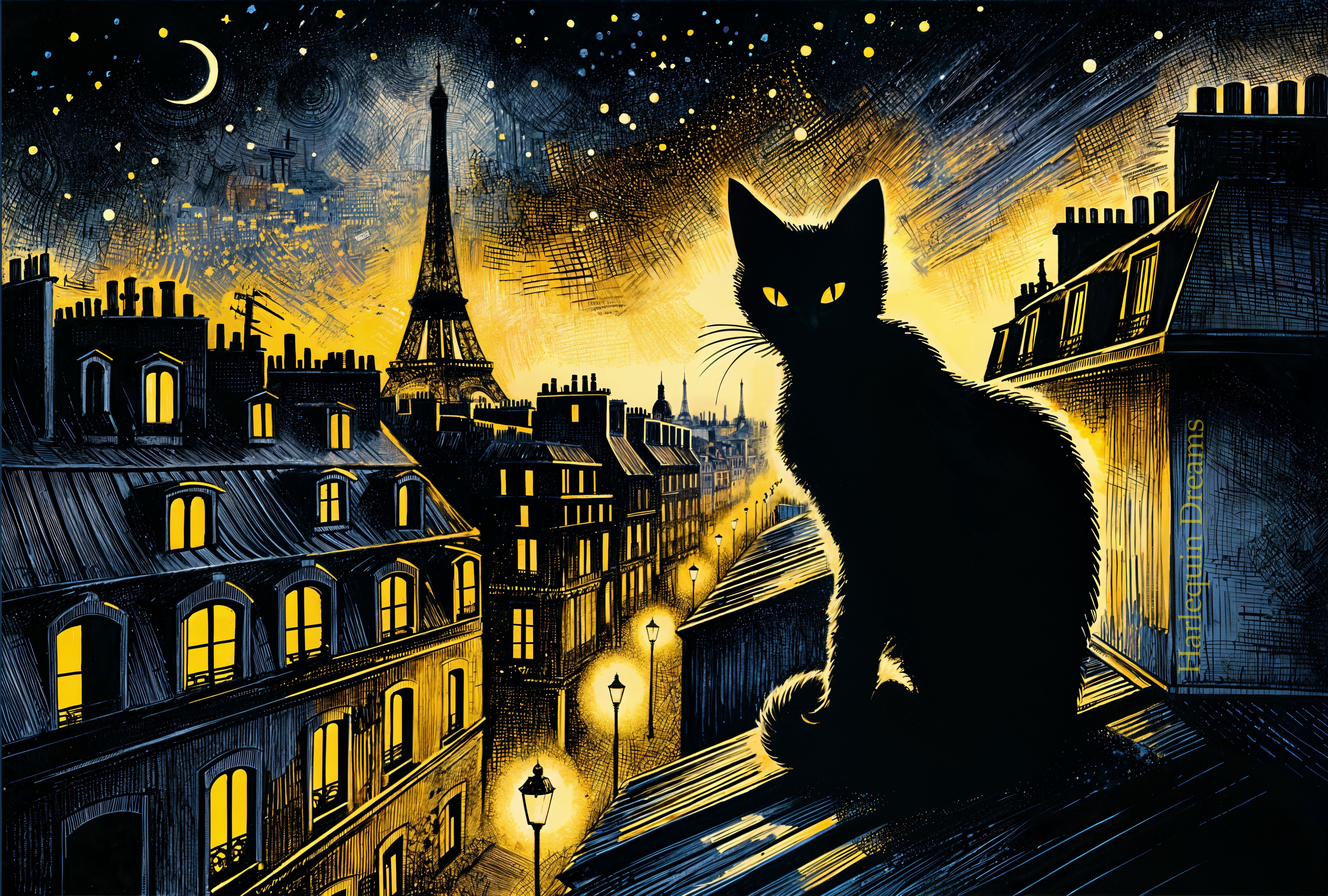 Black Cat on Rooftop Overlooking Paris at Night