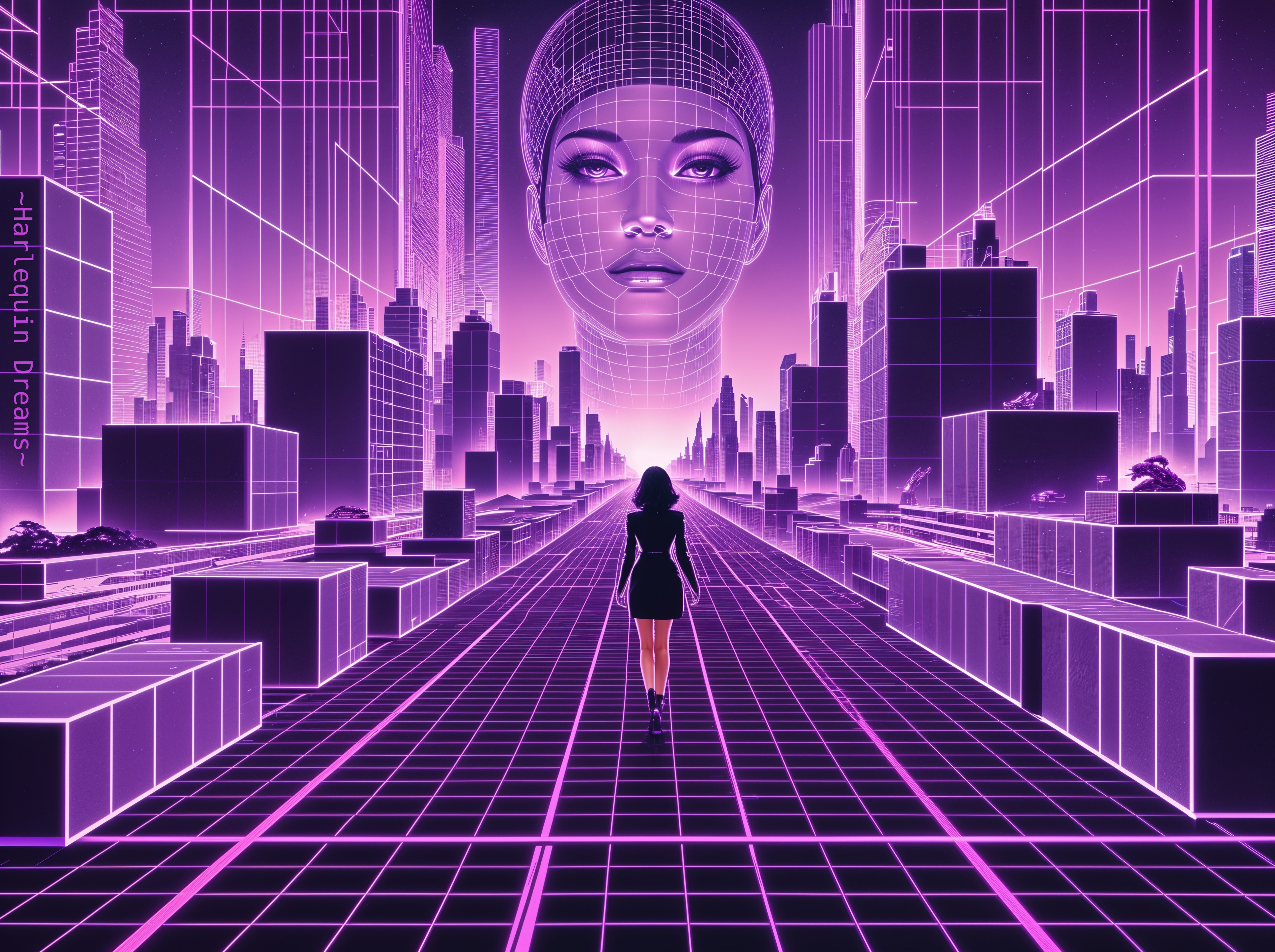 Futuristic cityscape with neon skyscrapers and holograms