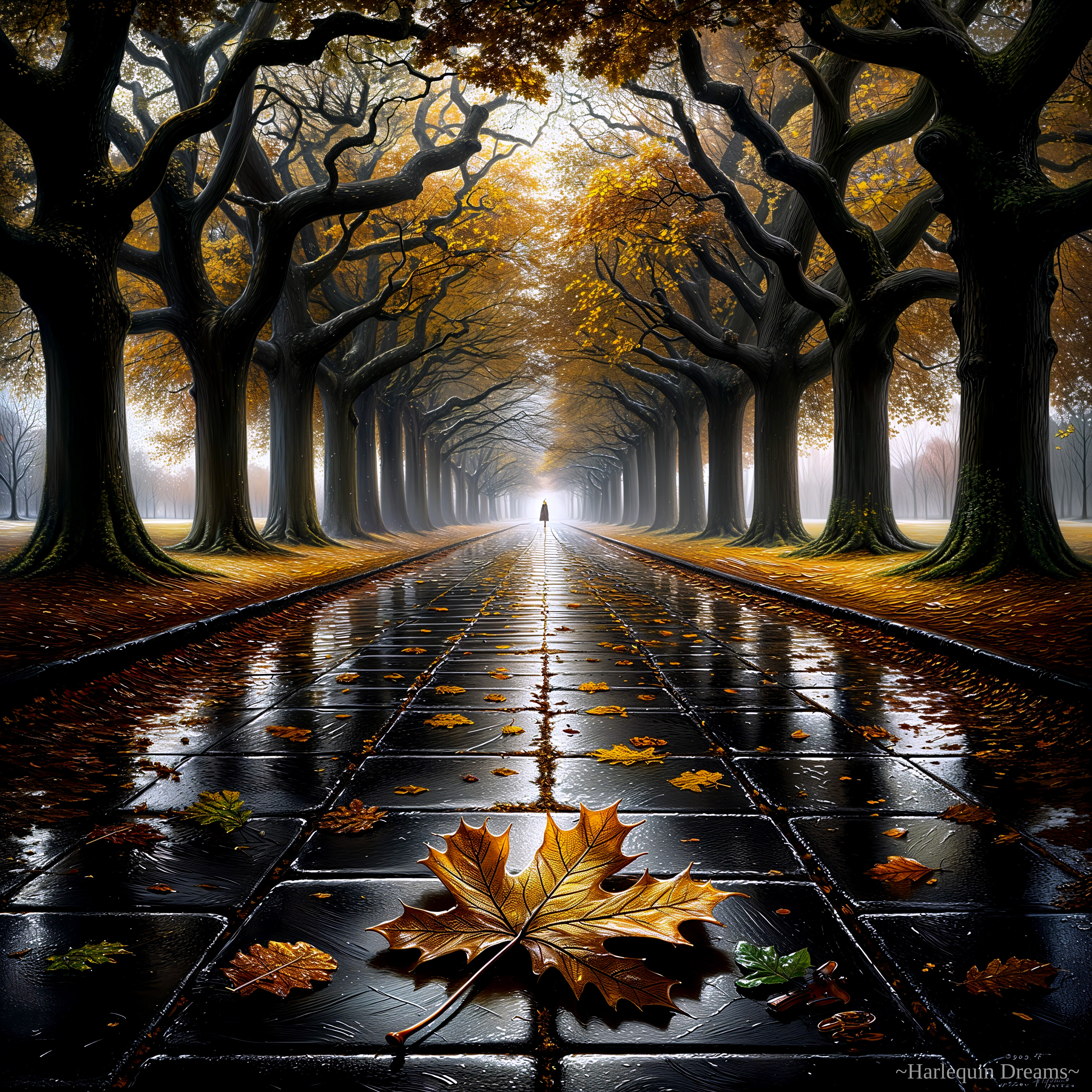 Autumn Pathway with Trees and Misty Figure
