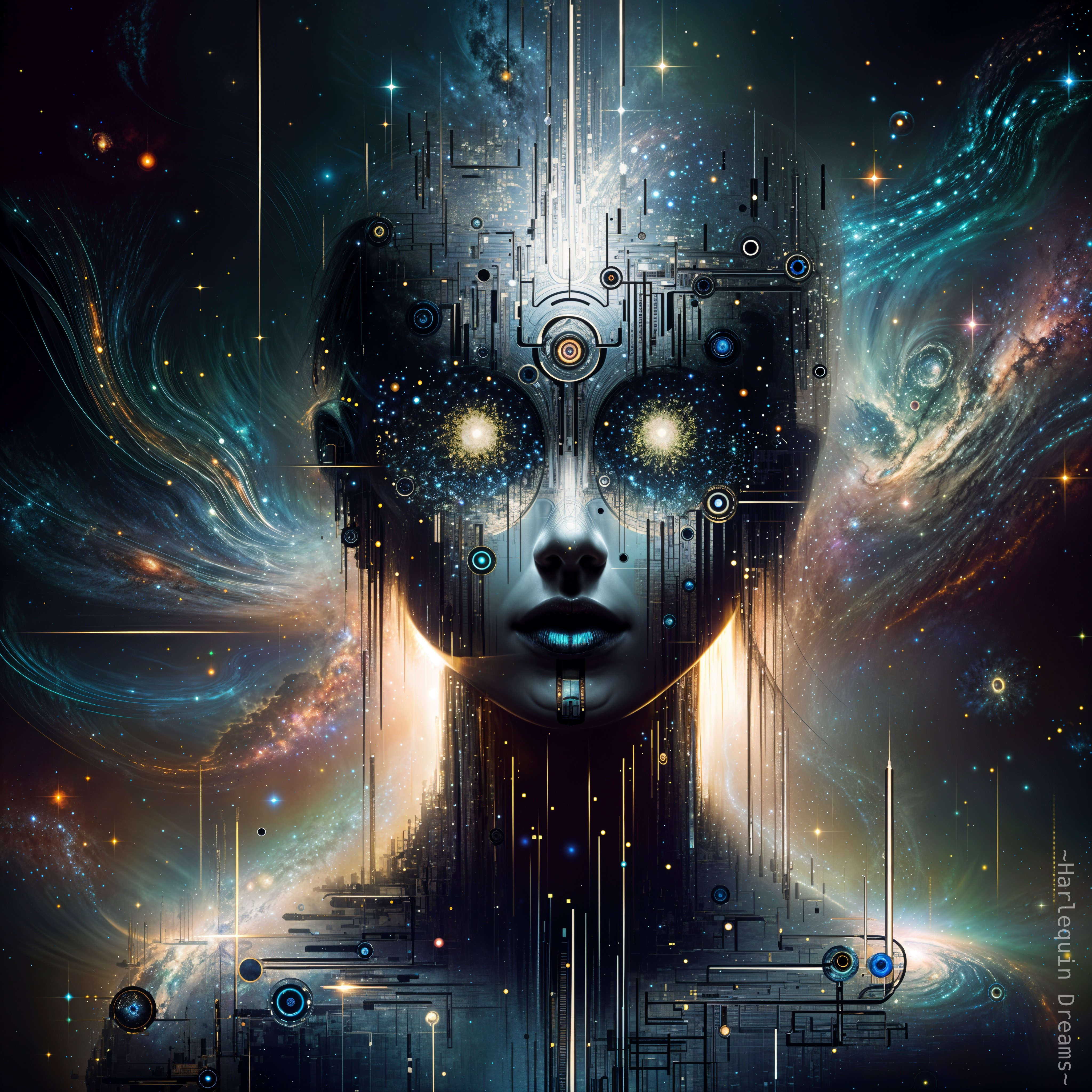 Futuristic figure with circuitry face and cosmic backdrop