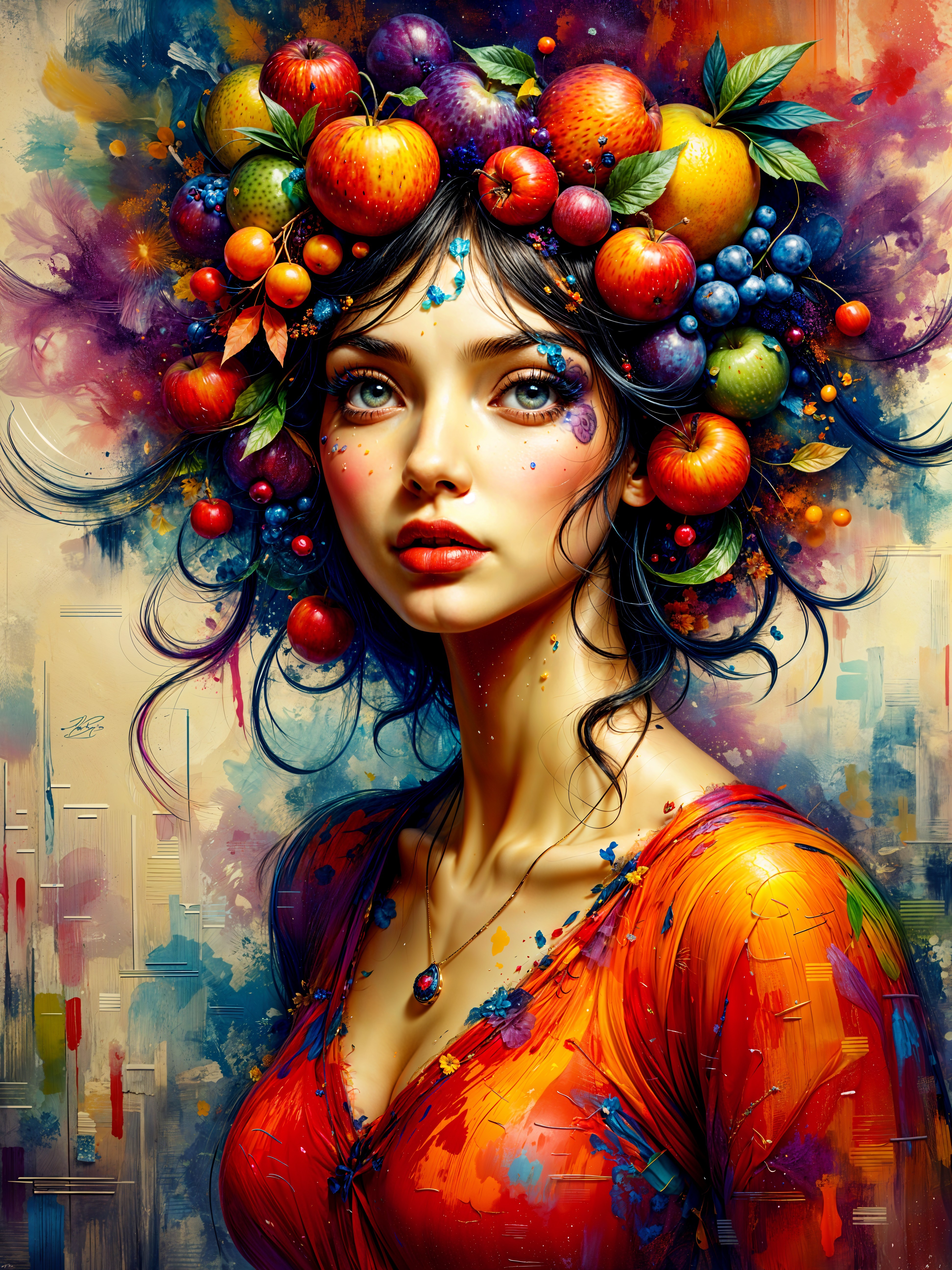 Vibrant Portrait of Woman with Fruit Headdress