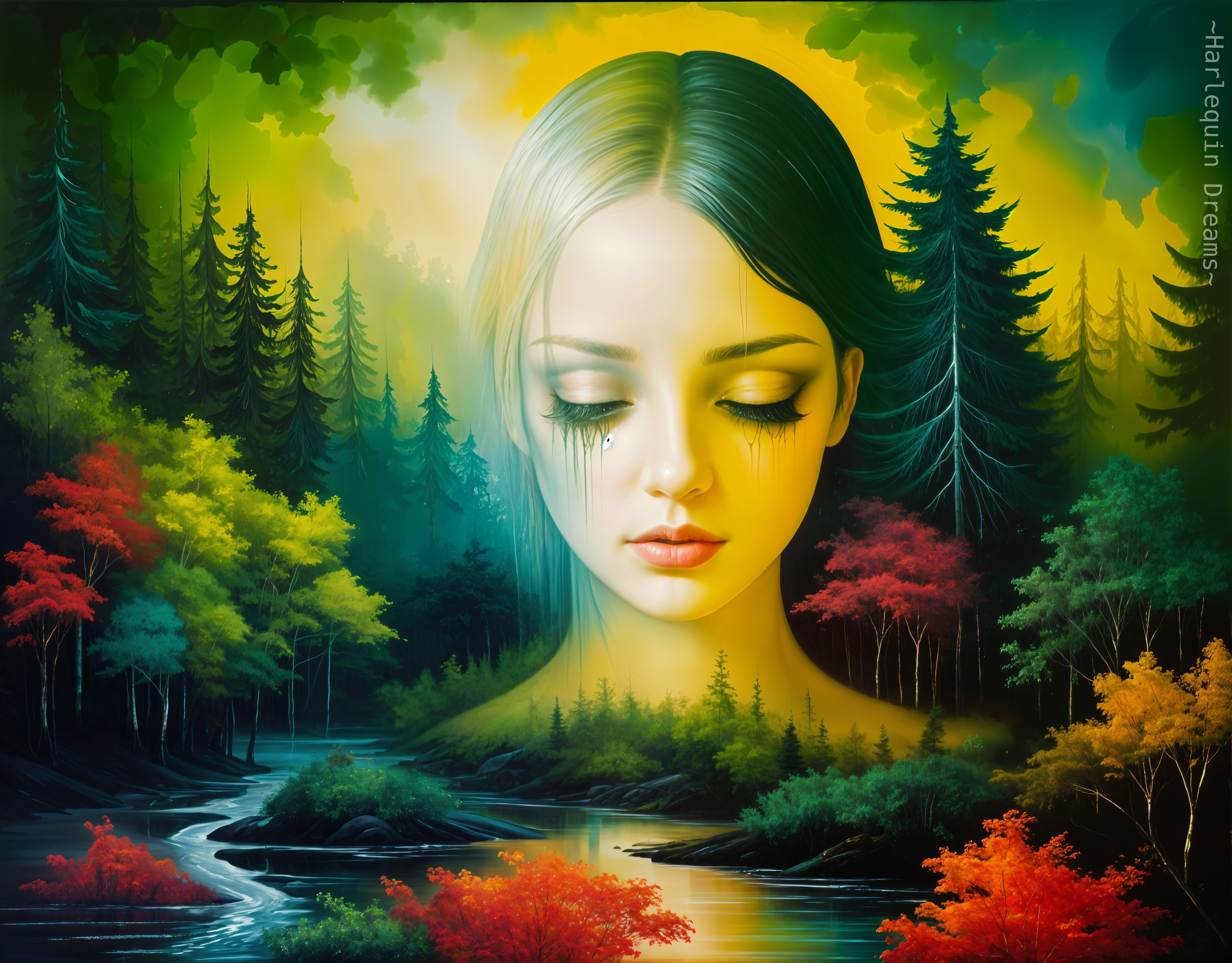 Surreal Landscape with Woman's Face in Forest