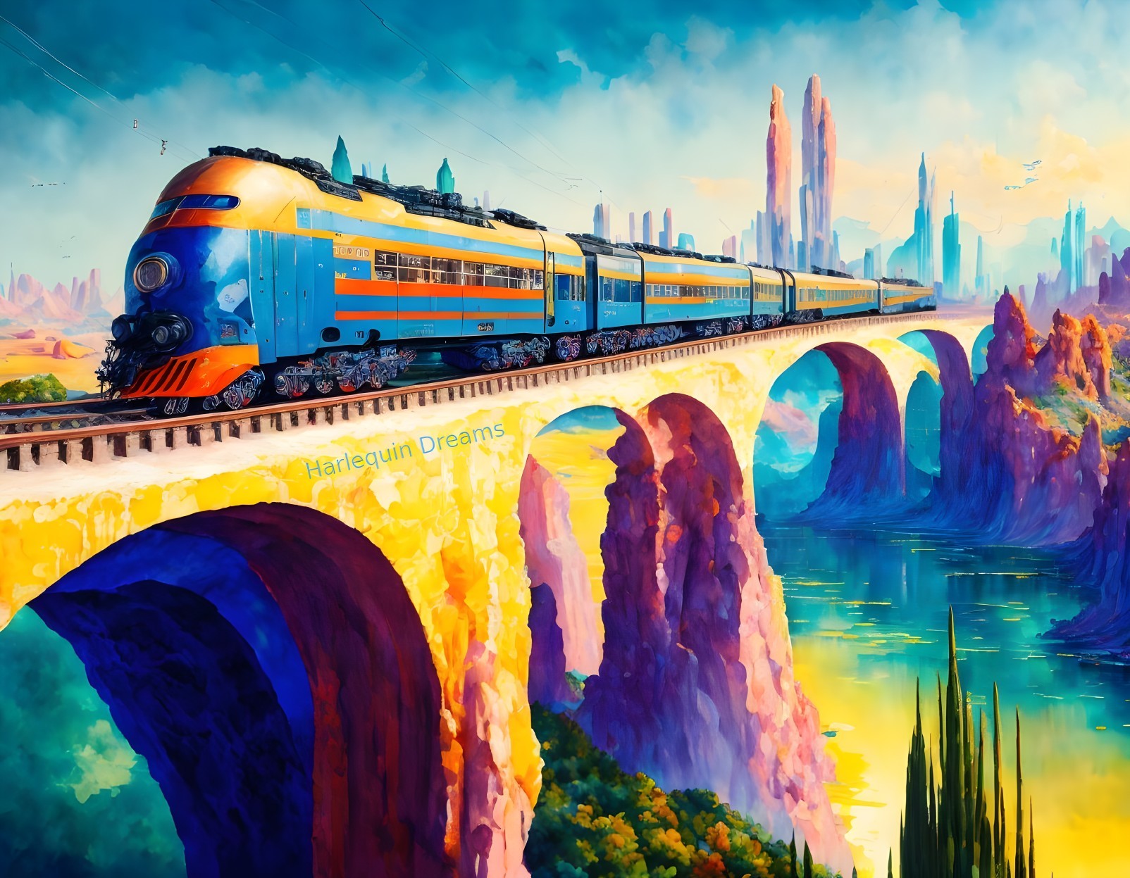 Surreal Landscape with Colorful Train and Bridge