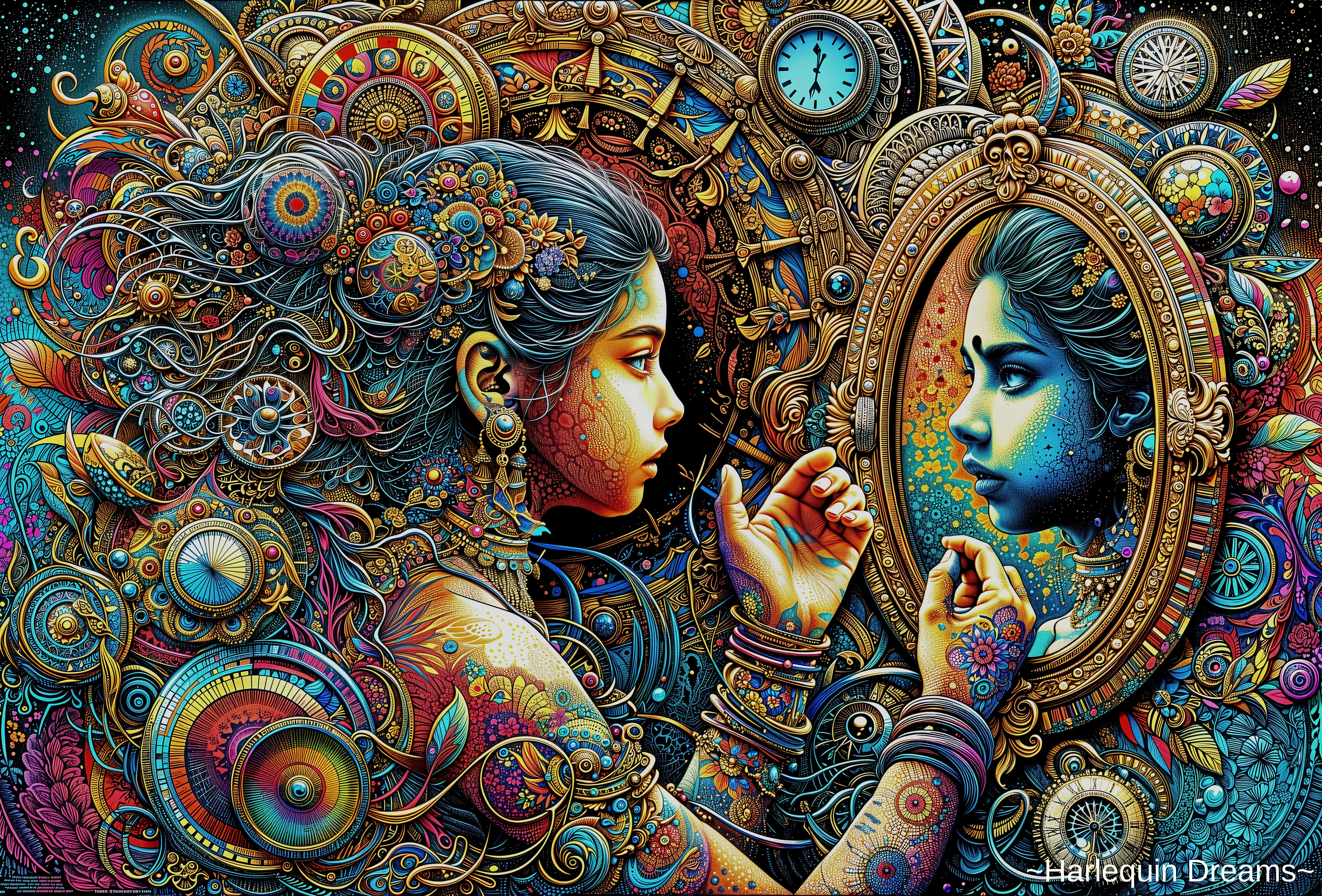 Vibrant Artwork of Woman Gazing into a Mirror