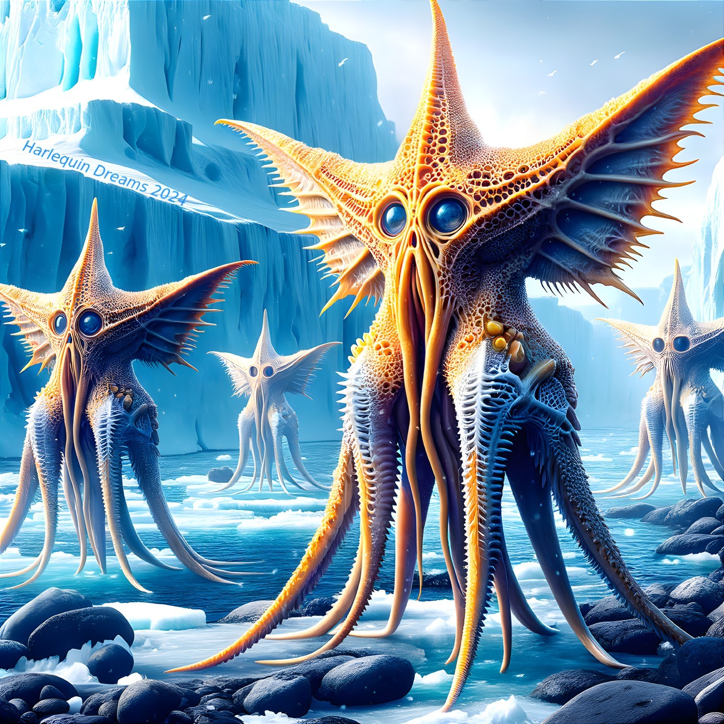 Surreal Landscape with Colorful Starfish Creatures