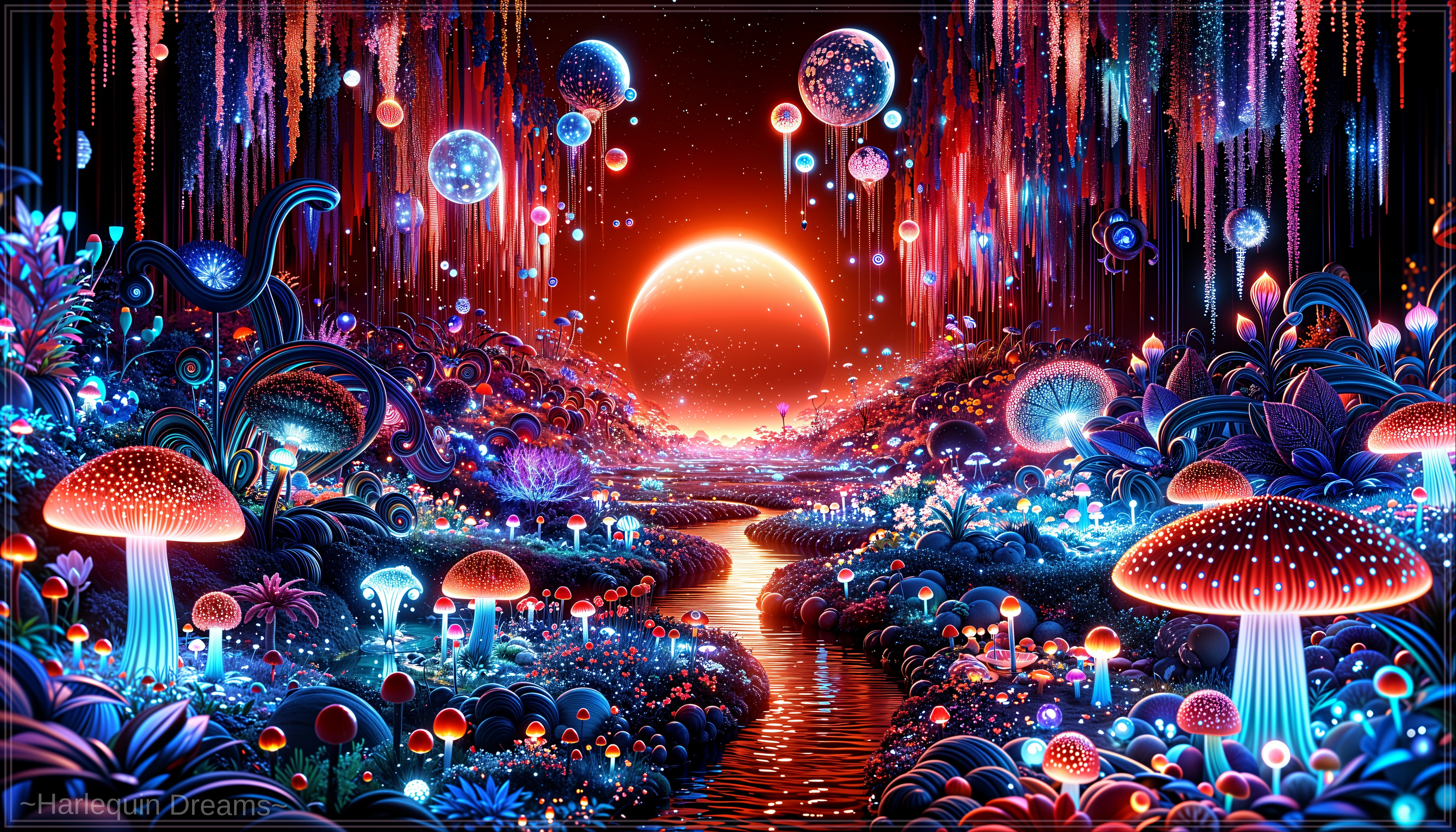 Vibrant Otherworldly Landscape with Glowing Flora