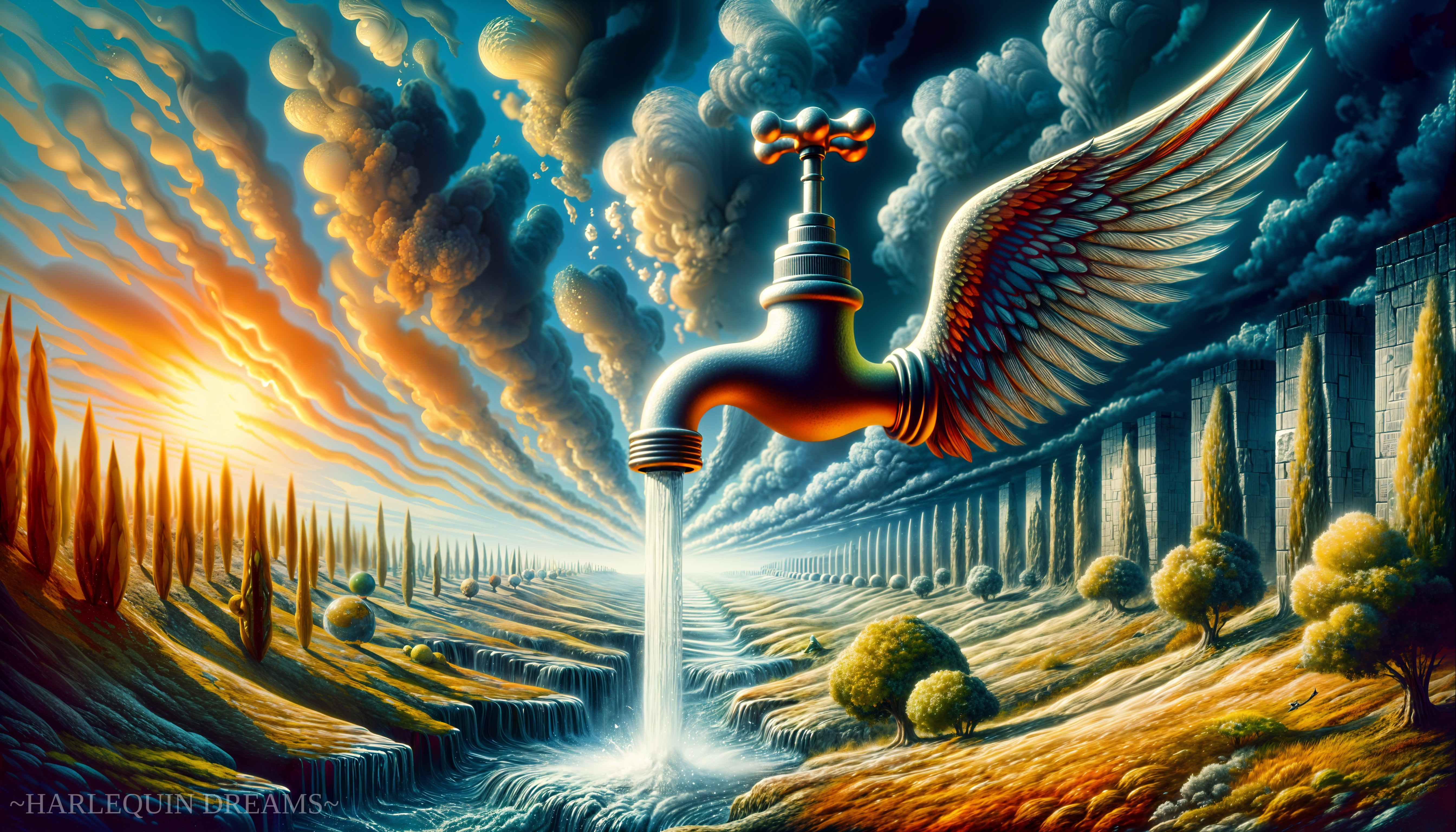 Surreal Landscape with Golden Faucet and Angelic Wing
